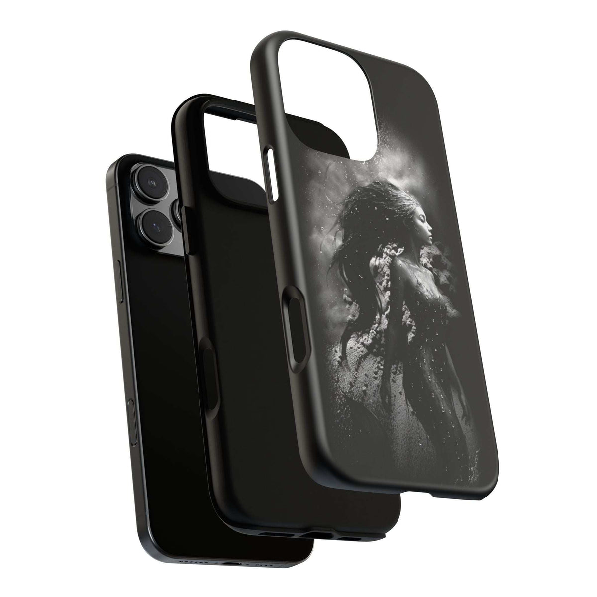 Black mermaid phone case side view with camera cutouts and button openings