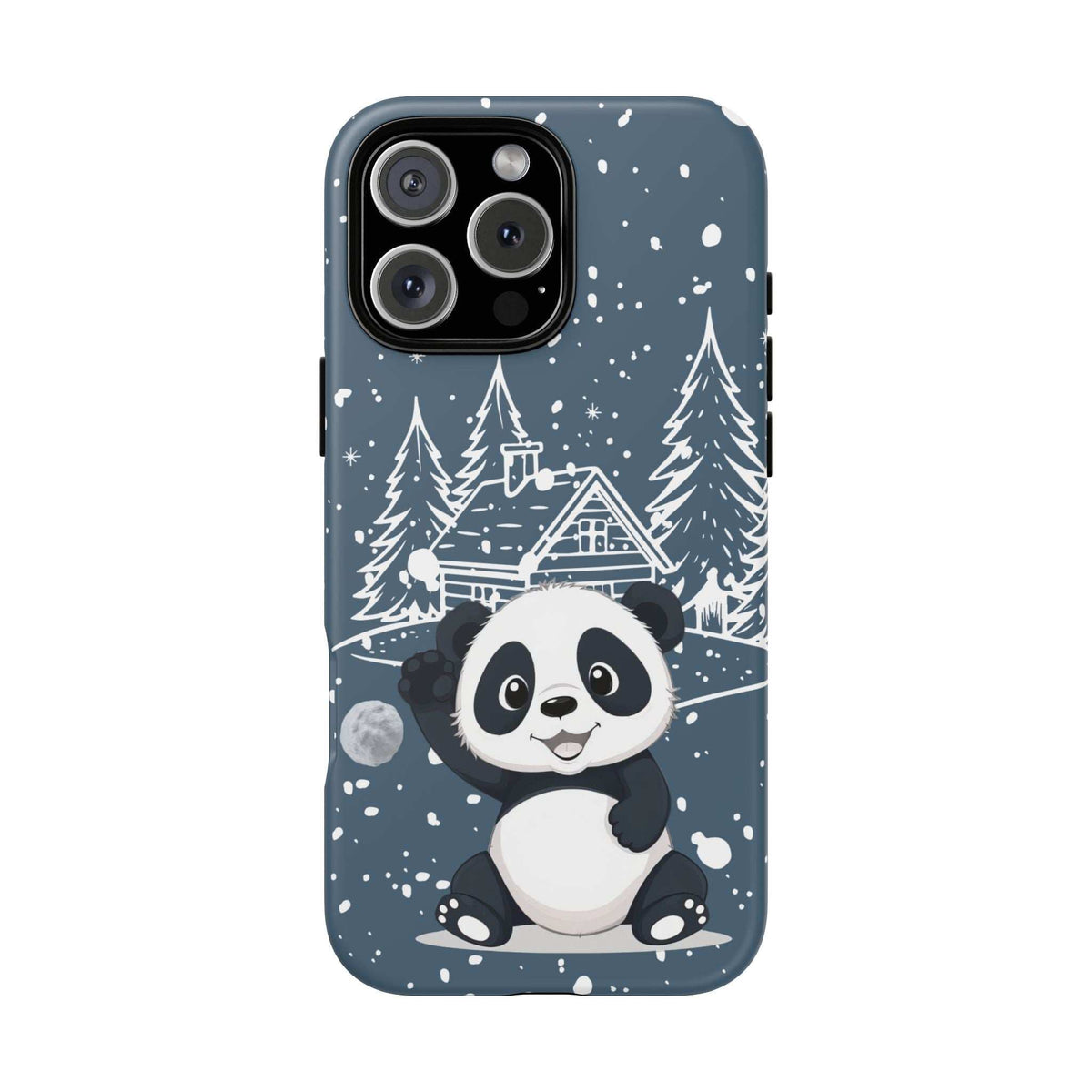 Blue panda winter phone case with snow speckles, pine trees, and a small house graphic.