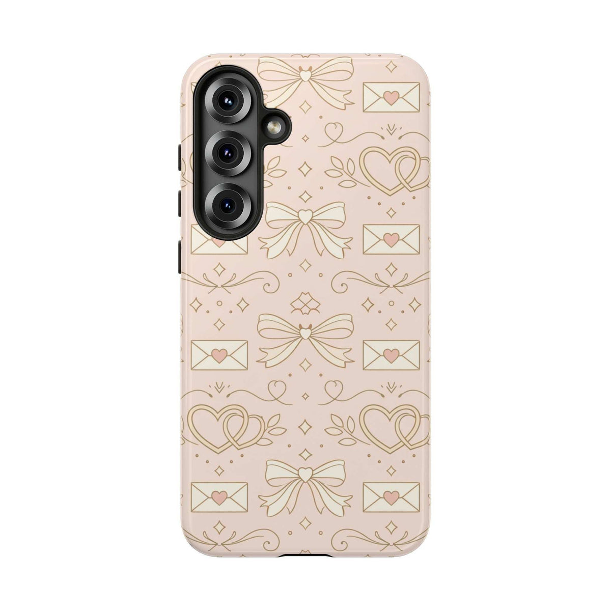 Light pink protective phone case with heart and bow pattern; raised camera lens area