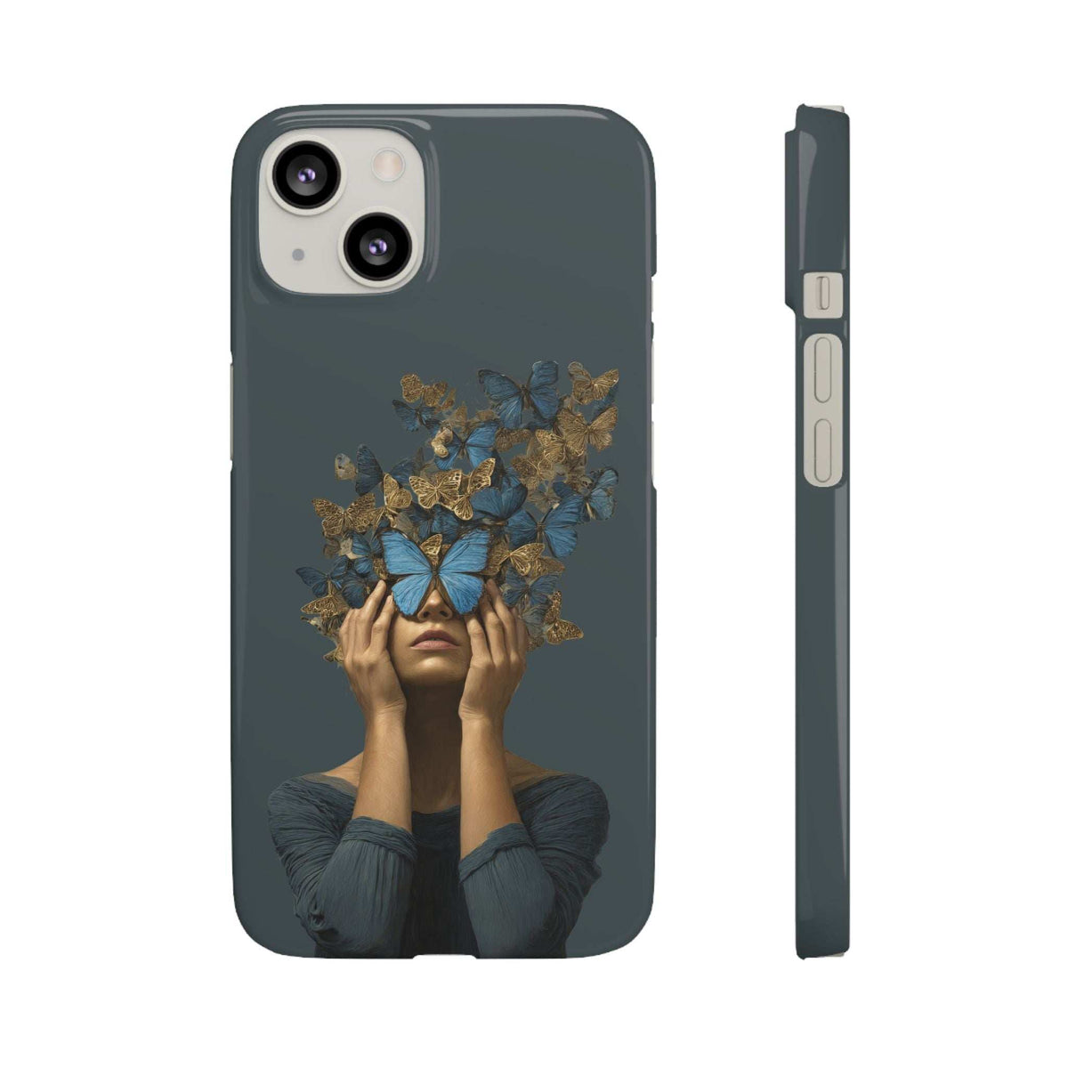 Dark gray phone case with butterfly woman graphic and phone camera opening