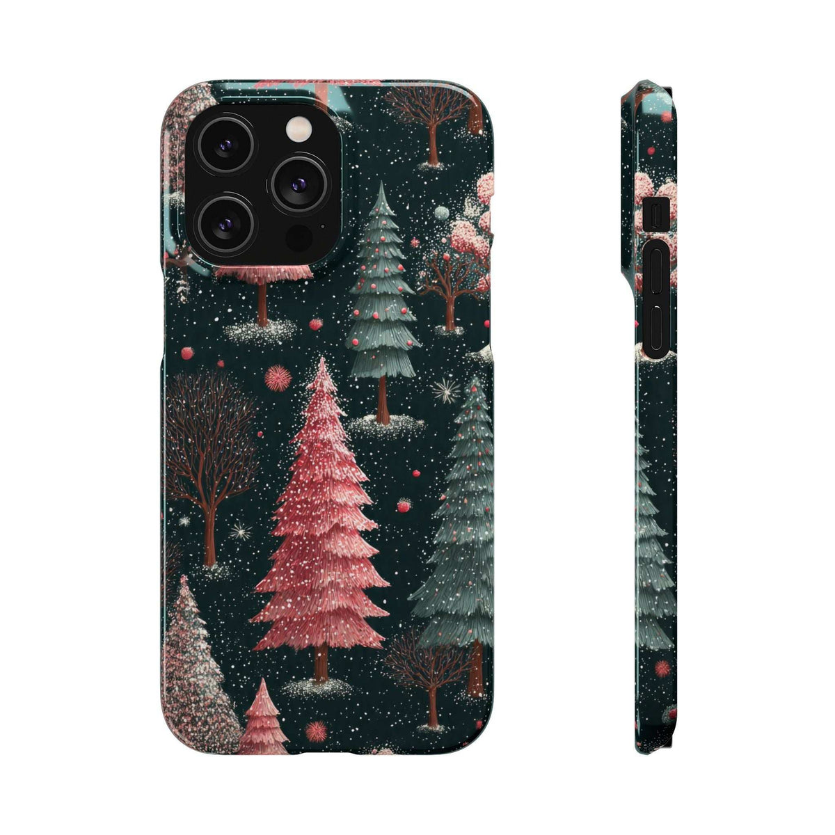 Forest-themed glossy phone case with snowy pine trees and pink-red tones; camera cutouts and sides.