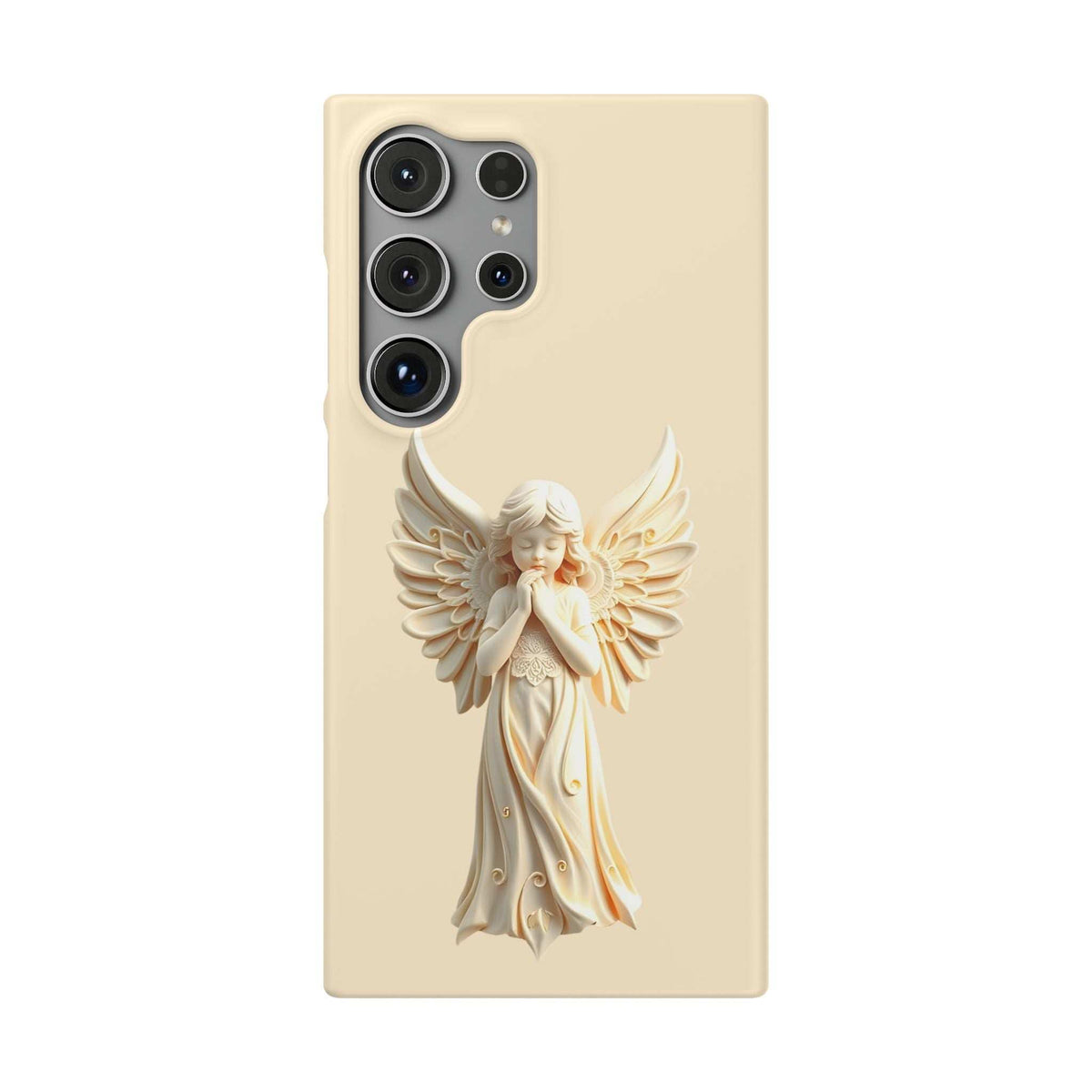 Cream phone case with a centered angel figure and wings, camera cutouts visible in the upper left.