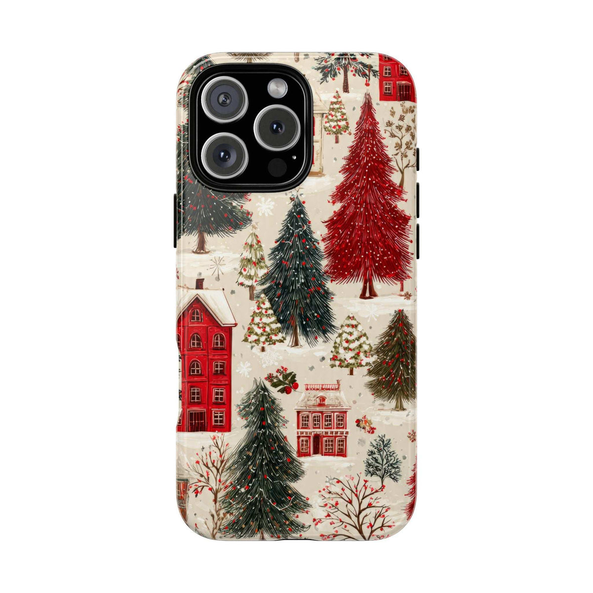 Winter village phone case featuring red buildings, evergreen trees, and light snowfall design