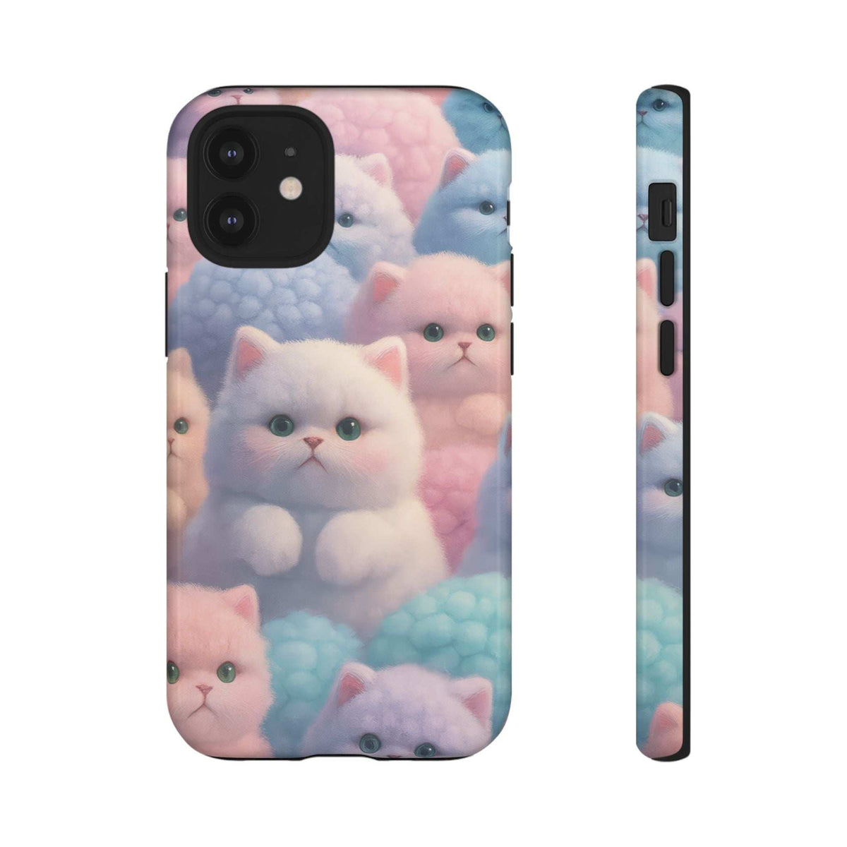 Glossy pastel kitten phone case with cats pattern and side port and button openings