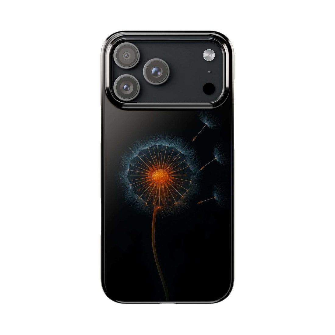 Black phone case with glowing dandelion design and camera cutouts