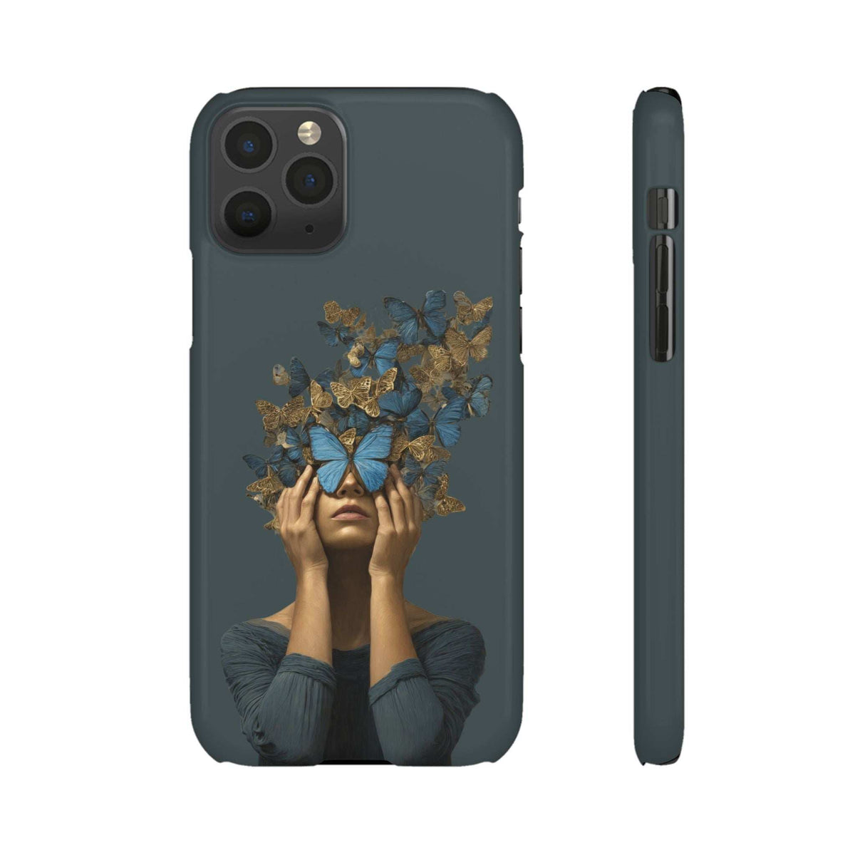 Dark gray phone case with butterfly crown portrait and rear camera cutouts, side buttons shown