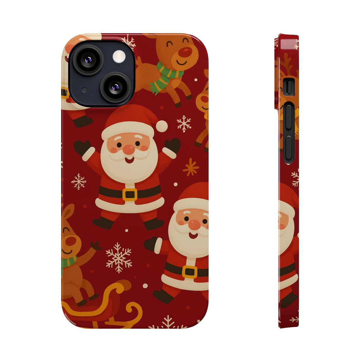 Red Santa and gingerbread phone case with snowflakes; front plus side button openings