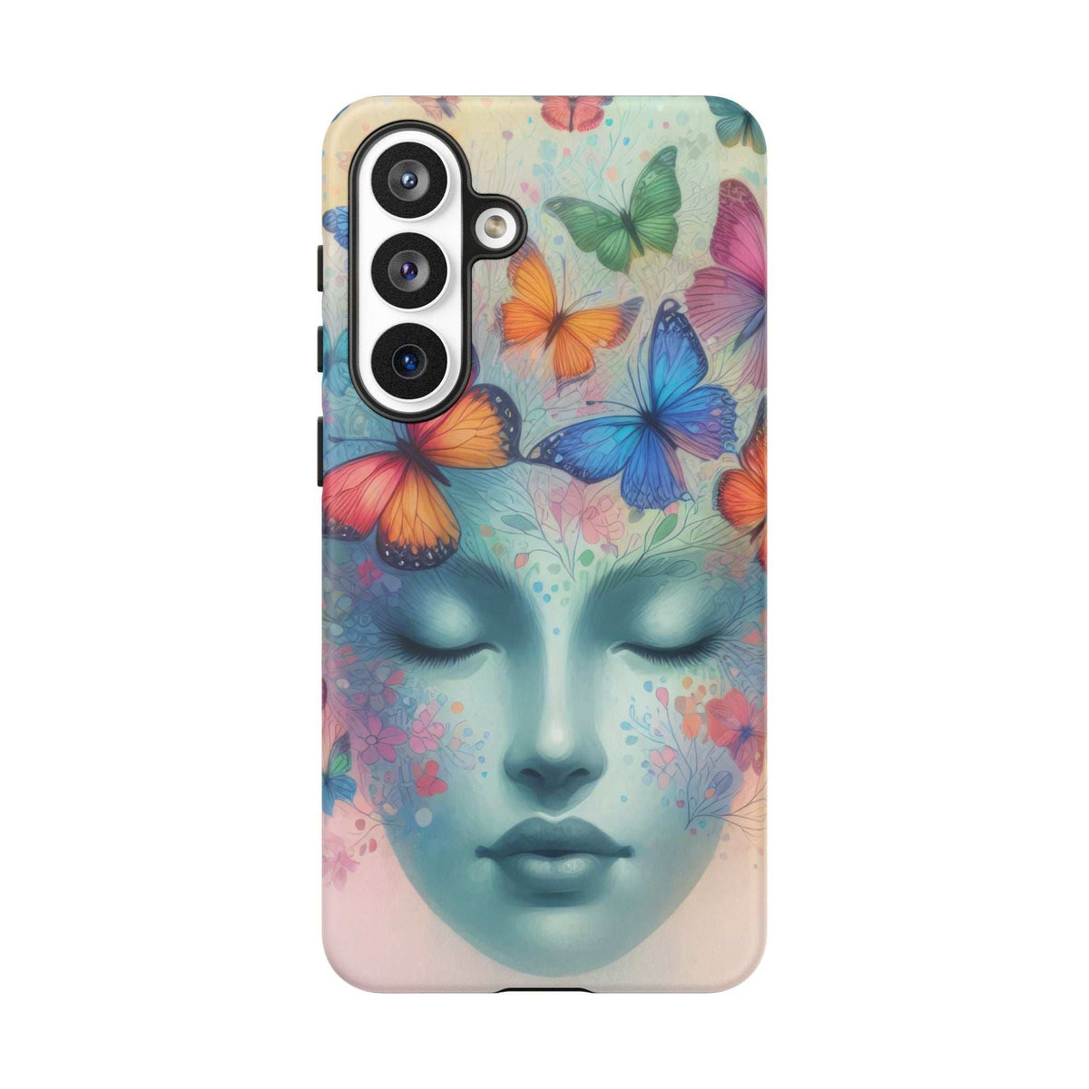 Phone case with blue and pink butterfly art and a face illustration, fitted for Galaxy/Pixel.