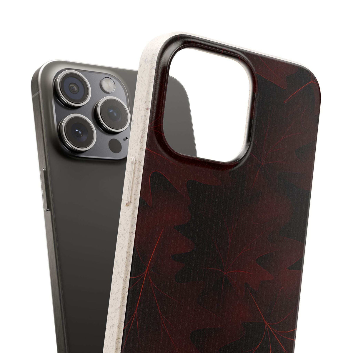 Burgundy leaf-pattern phone case with raised camera area and smooth side profile