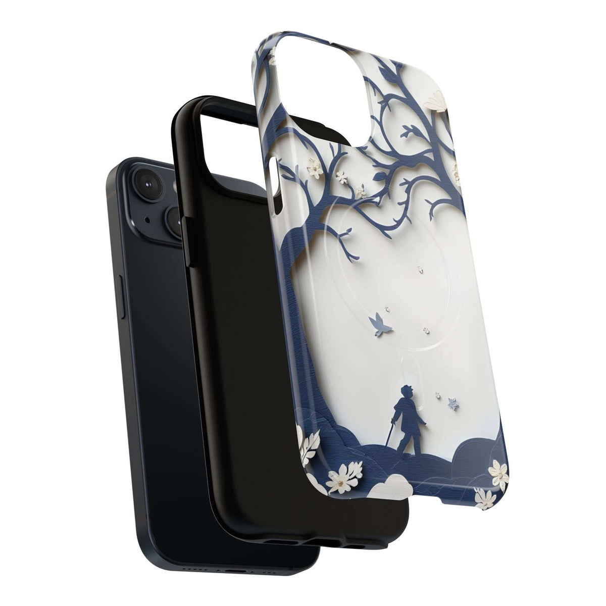 iPhone phone case angled back view, white-blue nature scene with tree branches