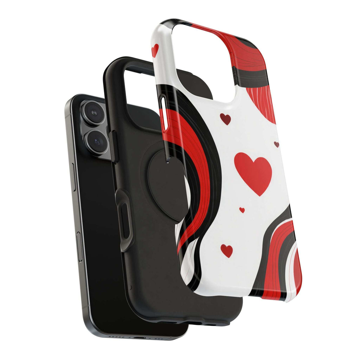 Red, white & black heart-pattern phone case with raised camera cutouts and bumper