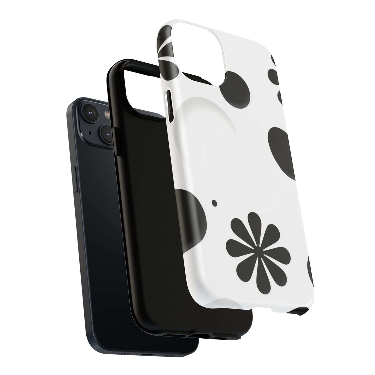 Magnetic phone case, white back with black flower and dots, with side button cutouts.