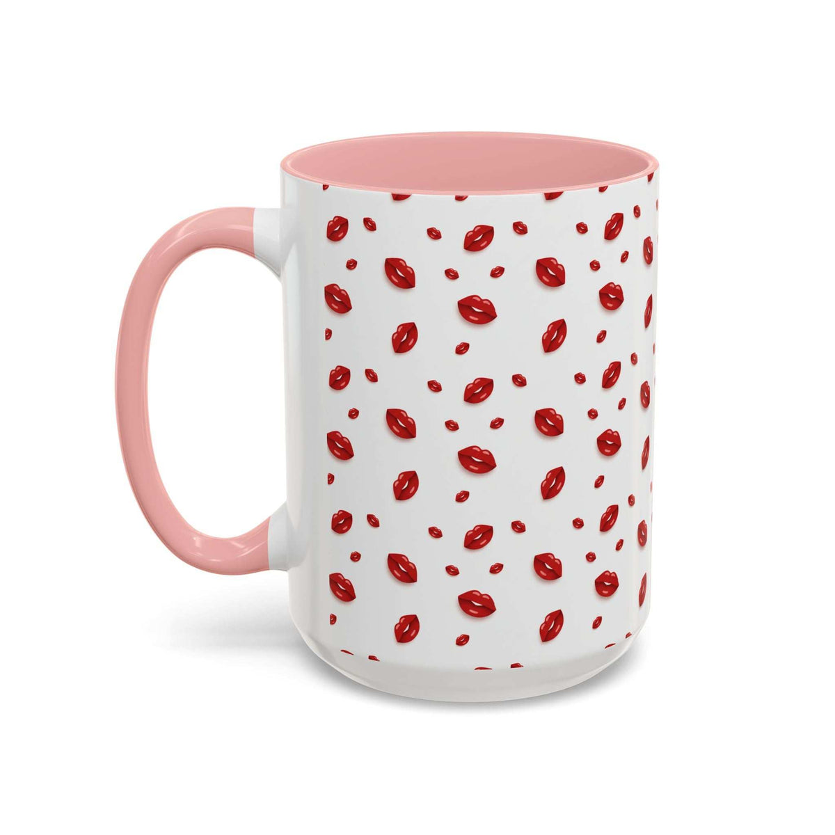 Hot lips accent coffee mug with pink handle, white body, red lips pattern, and pink rim.