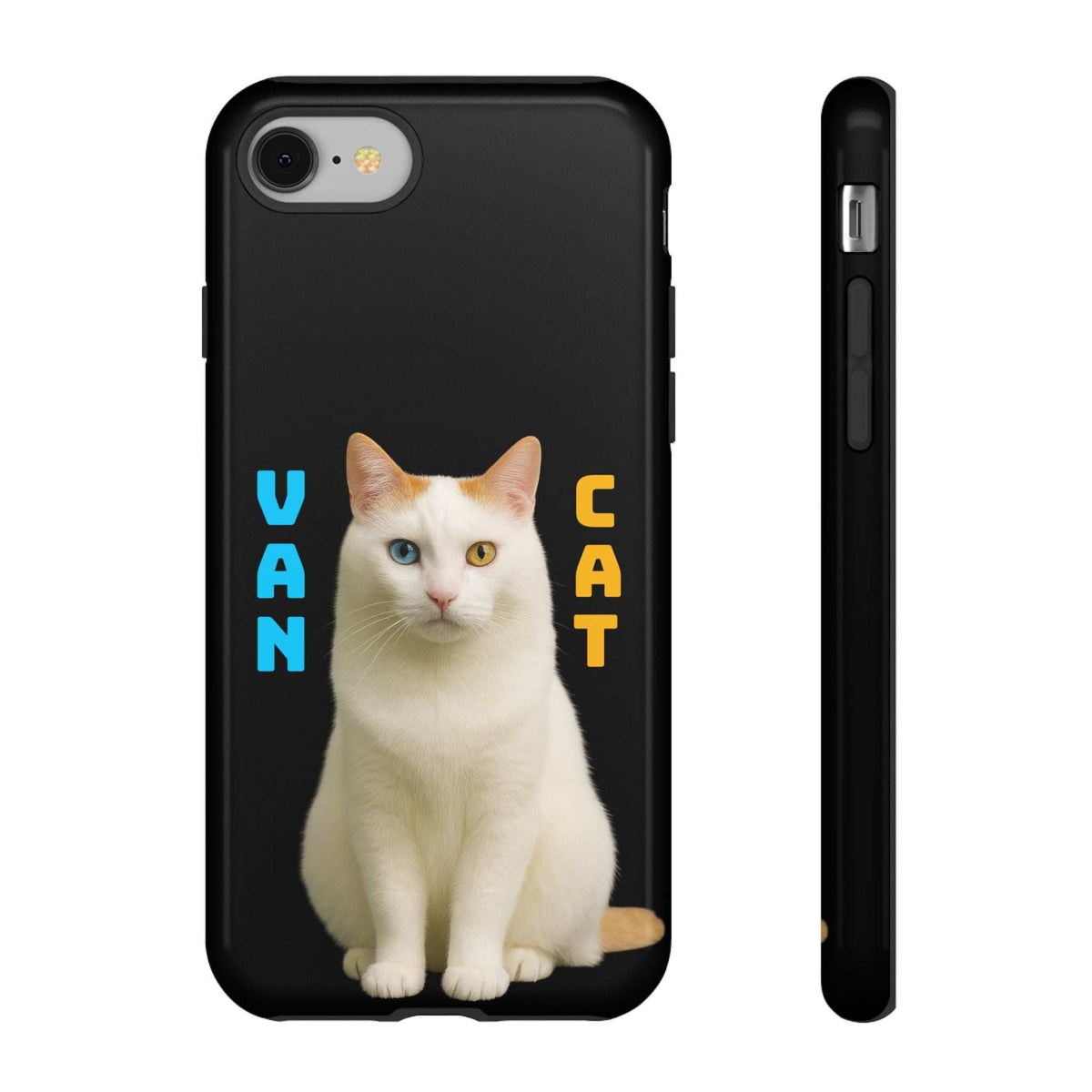 Glossy black phone case with white cat graphic and VAN CAT lettering, side port area visible