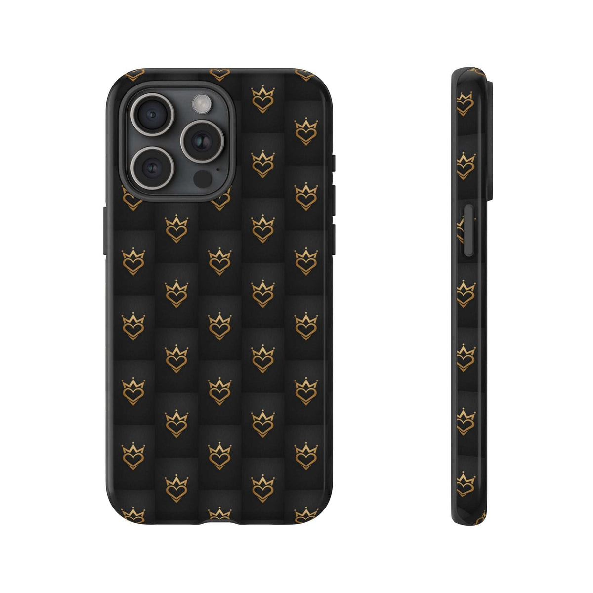 Glossy black phone case with crowned heart doodle pattern, four-camera cutout layout and side strip