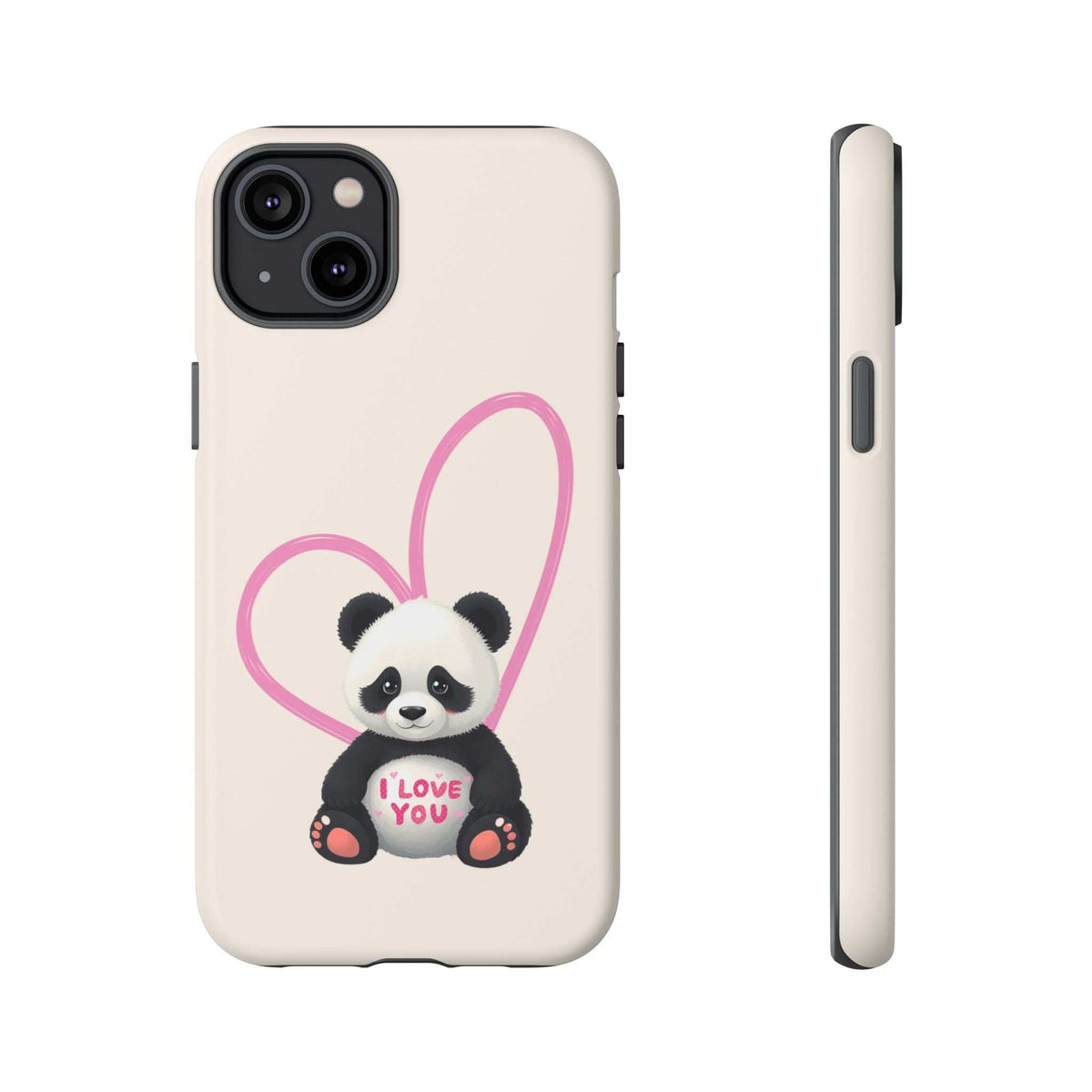 Beige phone case with panda in pink heart and 'I LOVE YOU' text; camera cutouts visible.