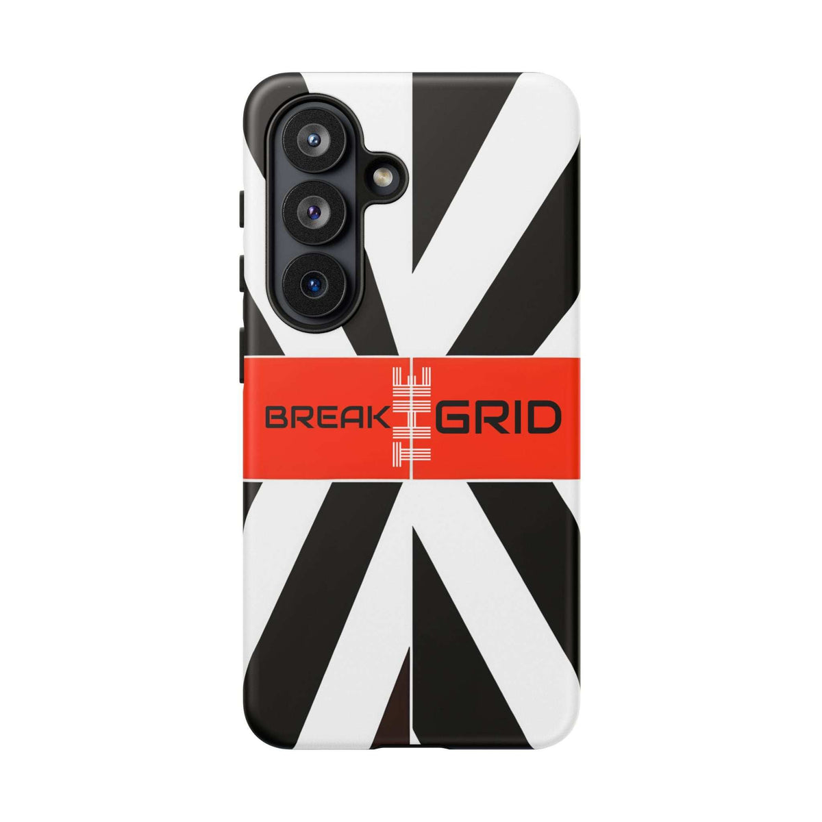 Phone case with black-and-white graphic, red band, and BREAK GRID text; triple camera cutouts