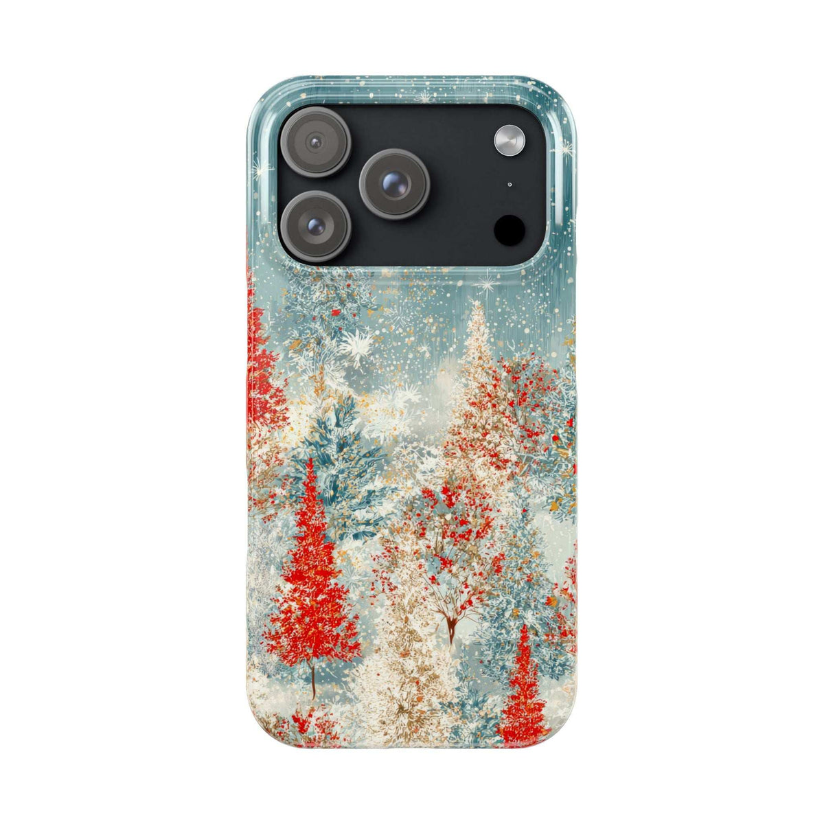 Snowy forest phone case, blue snowy forest print with red trees, black camera module