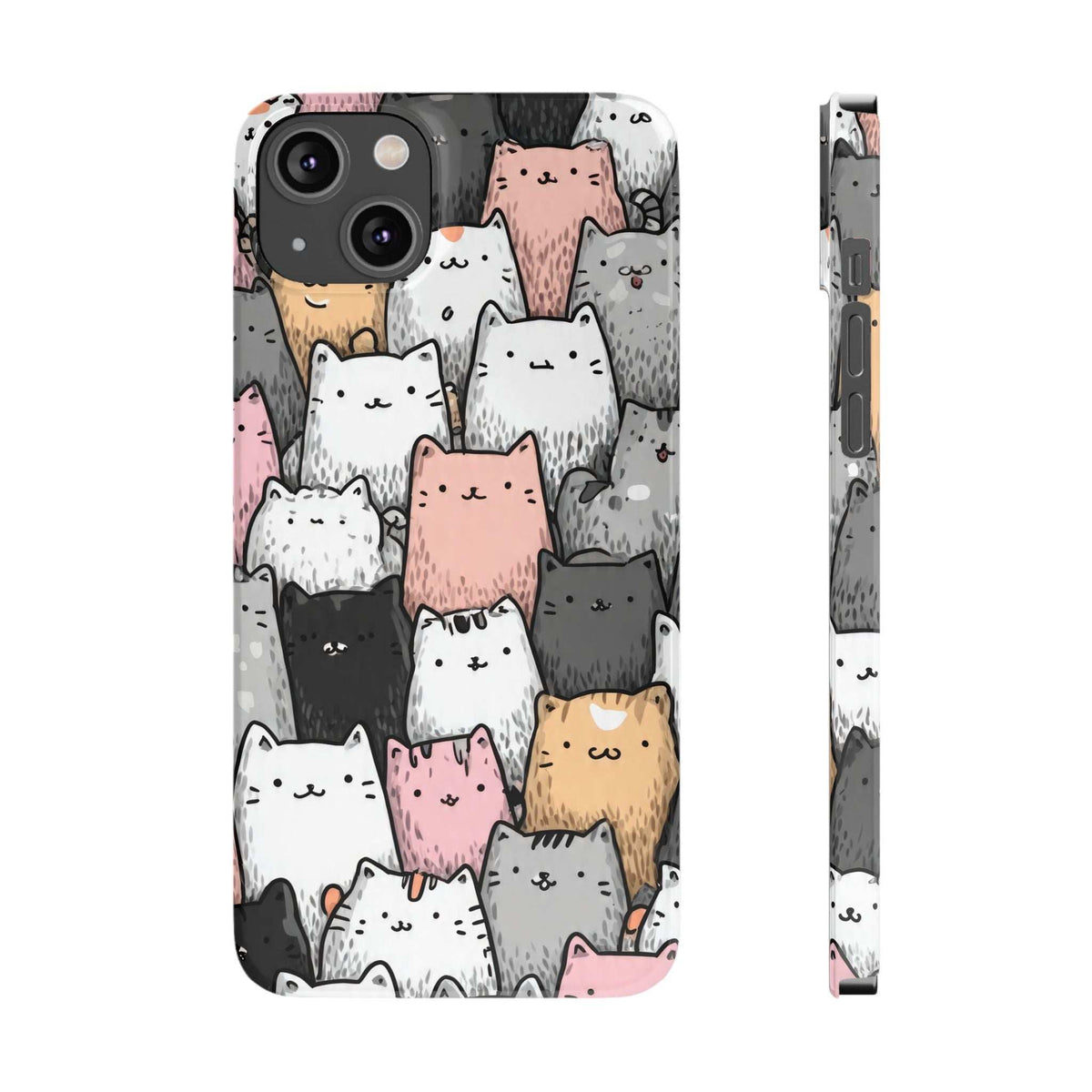 Cat-themed phone case with slim side view, showing camera cutout and button openings.