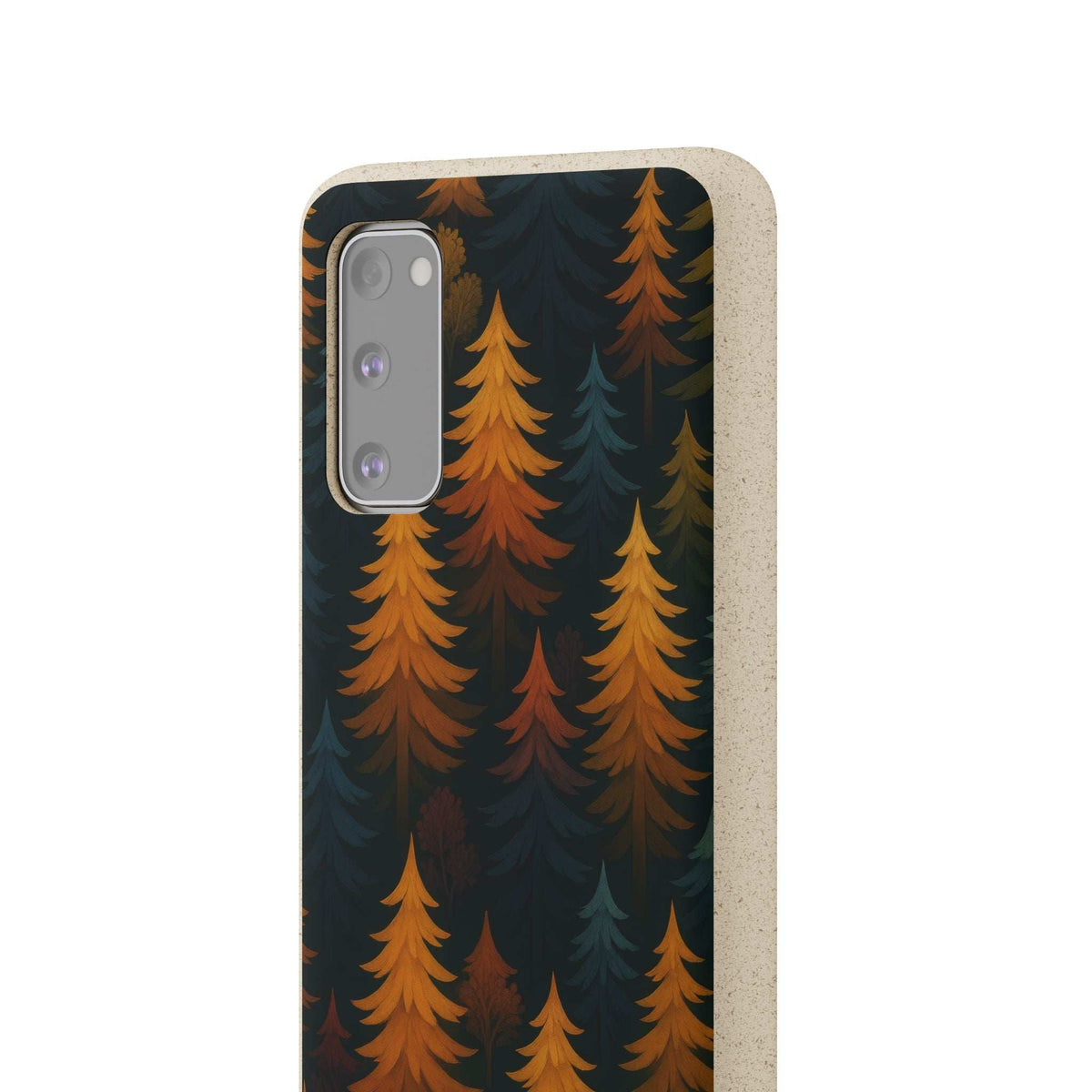 Light speckled biodegradable phone case with orange pine tree pattern