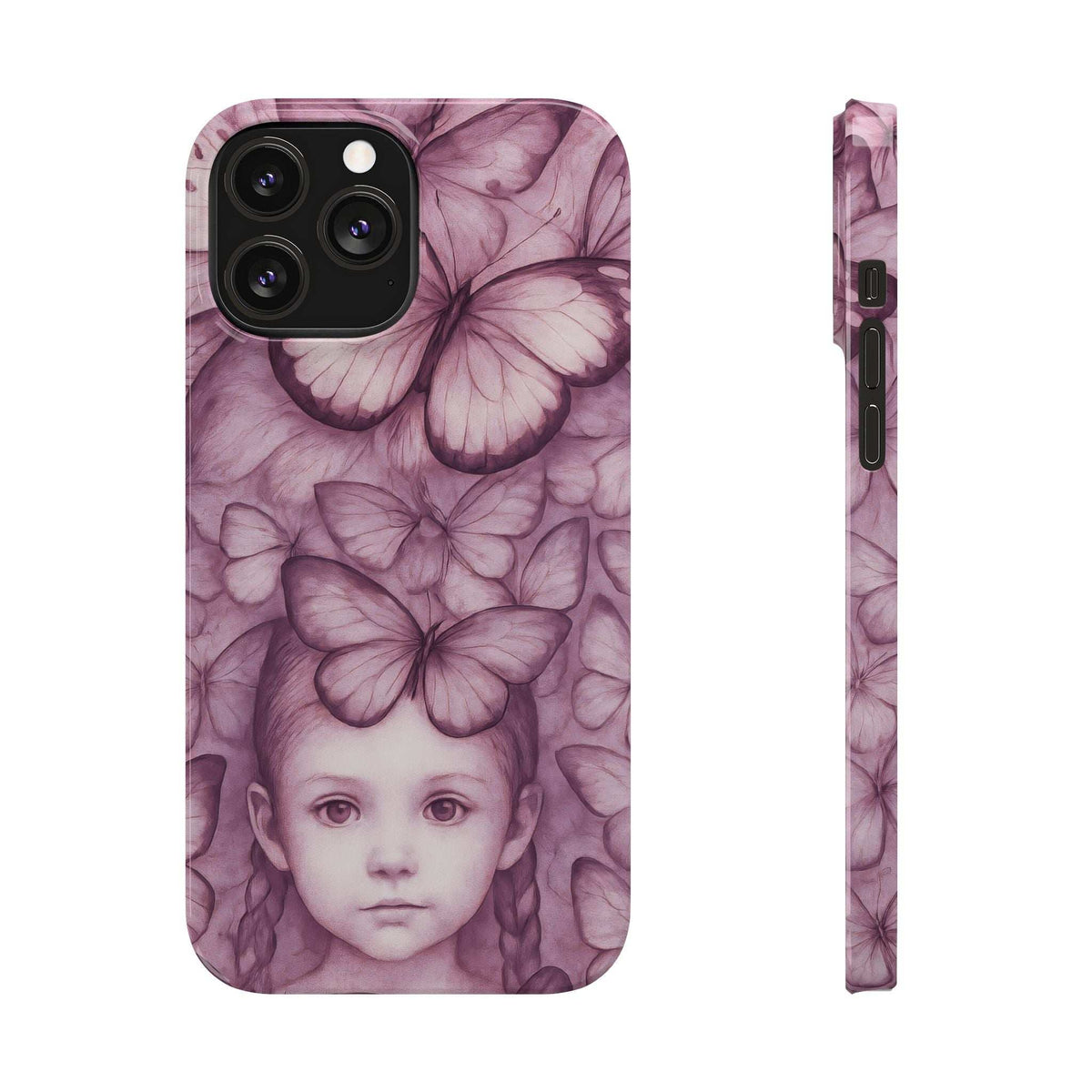 Purple butterfly girl phone case with large camera bump and cutouts
