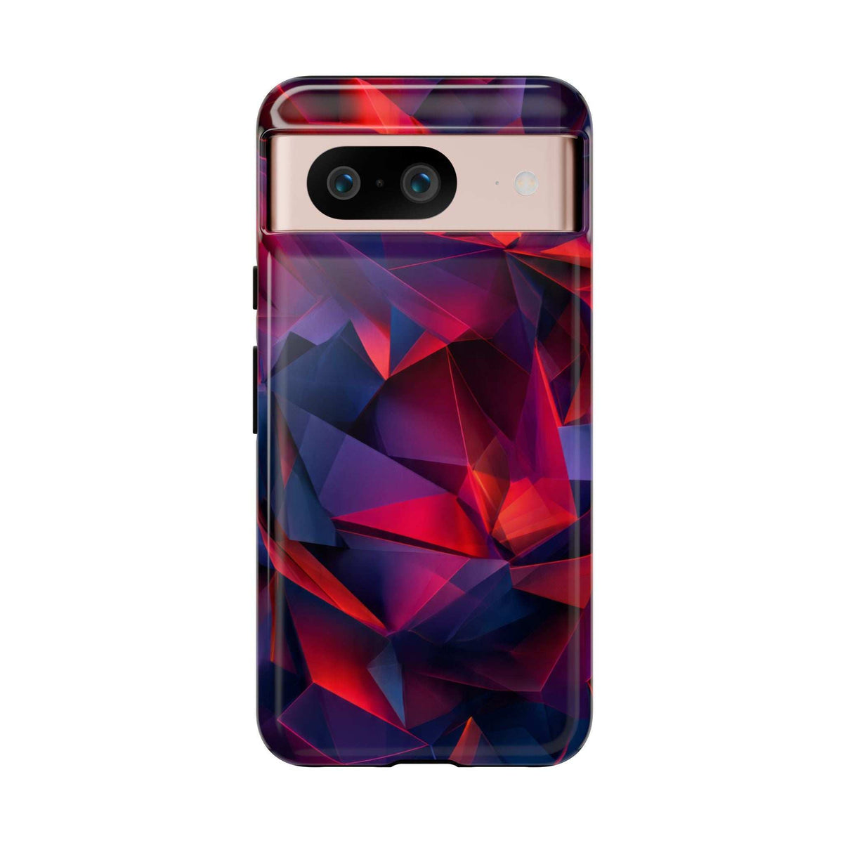 Glossy phone case with red-blue-purple prismatic design and visible camera cutouts