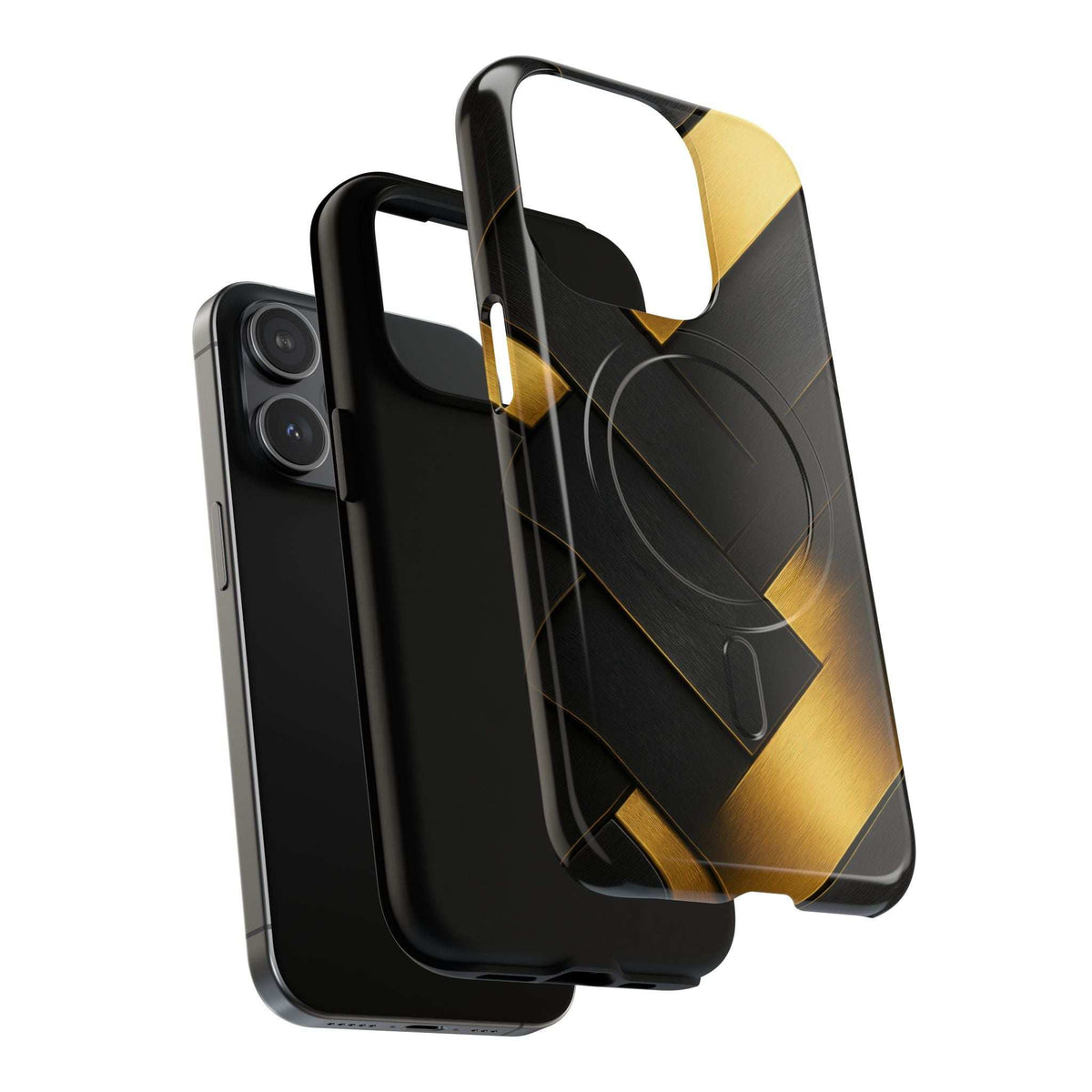 Glossy phone case with black base and gold geometric grid, front opening, camera cutouts