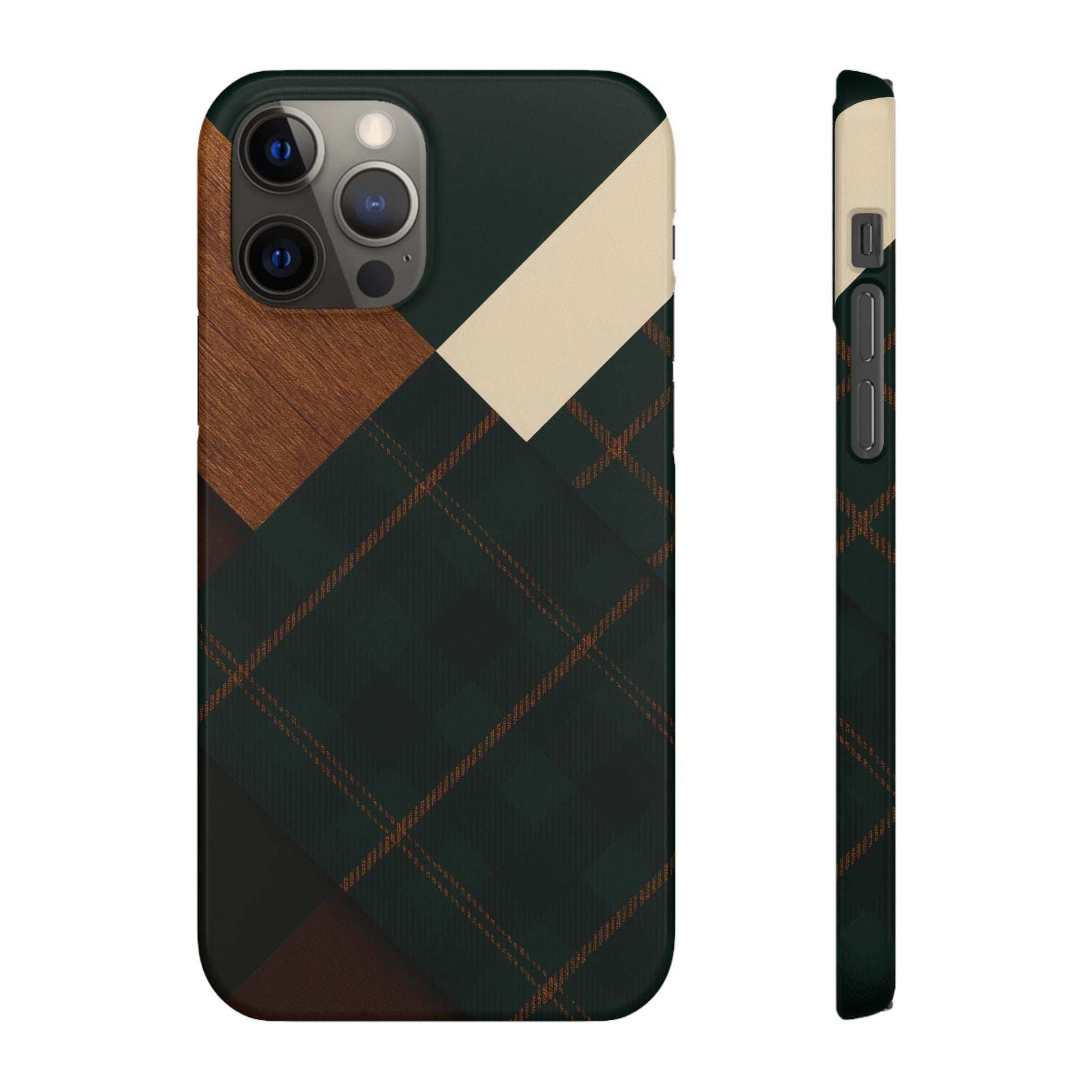Phone case with dark green diamond plaid, tan wood patch, and cream accent; triple camera cutouts