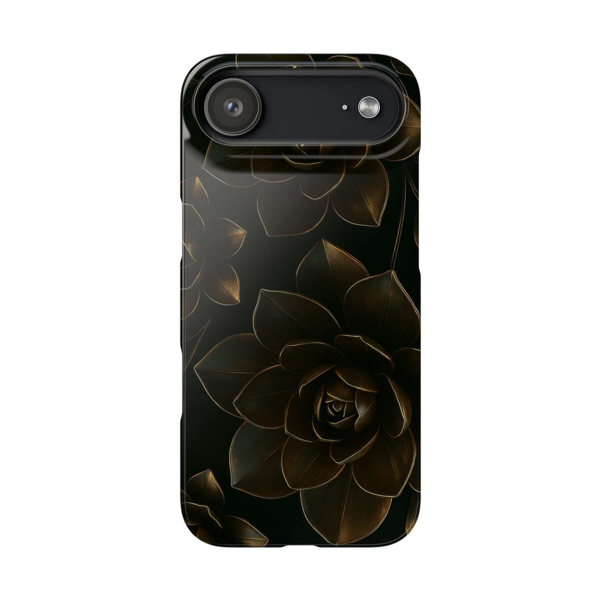 Glossy metal flower phone case with gold rose design on dark base, top horizontal camera cutout