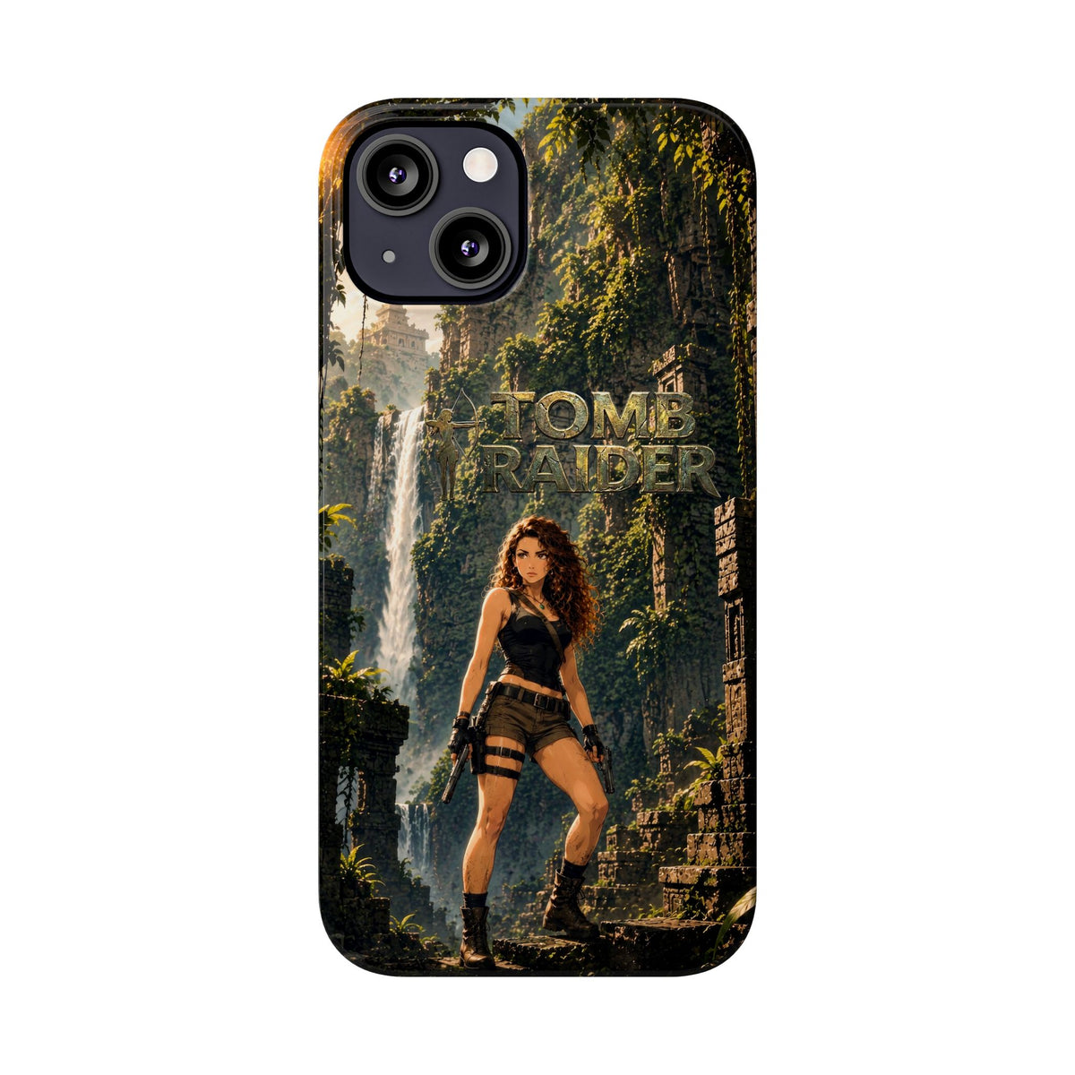Phone case with Tomb Raider character art, dark edge border, and camera module cutouts