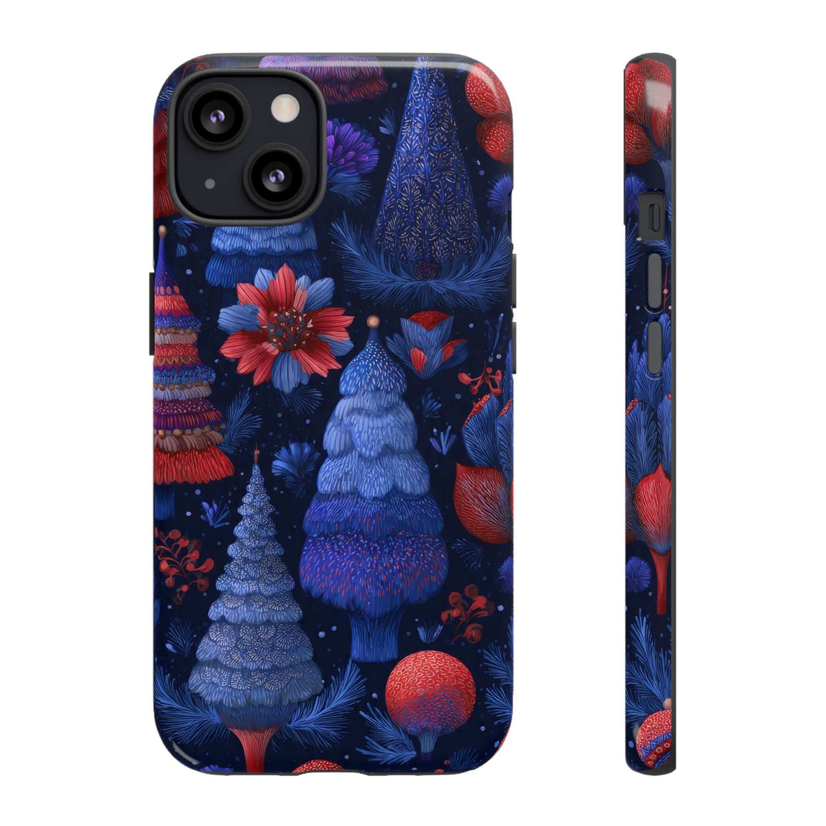 Glossy midnight blue forest phone case; red flower center and pine trees with camera openings.