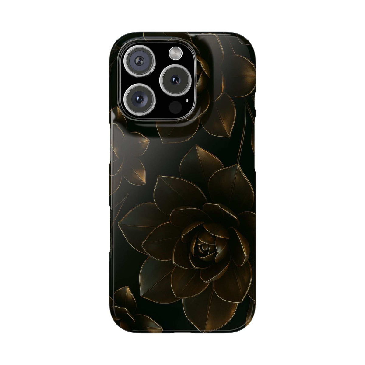 Glossy black phone case with gold rose and leaf metal-flower pattern, back view