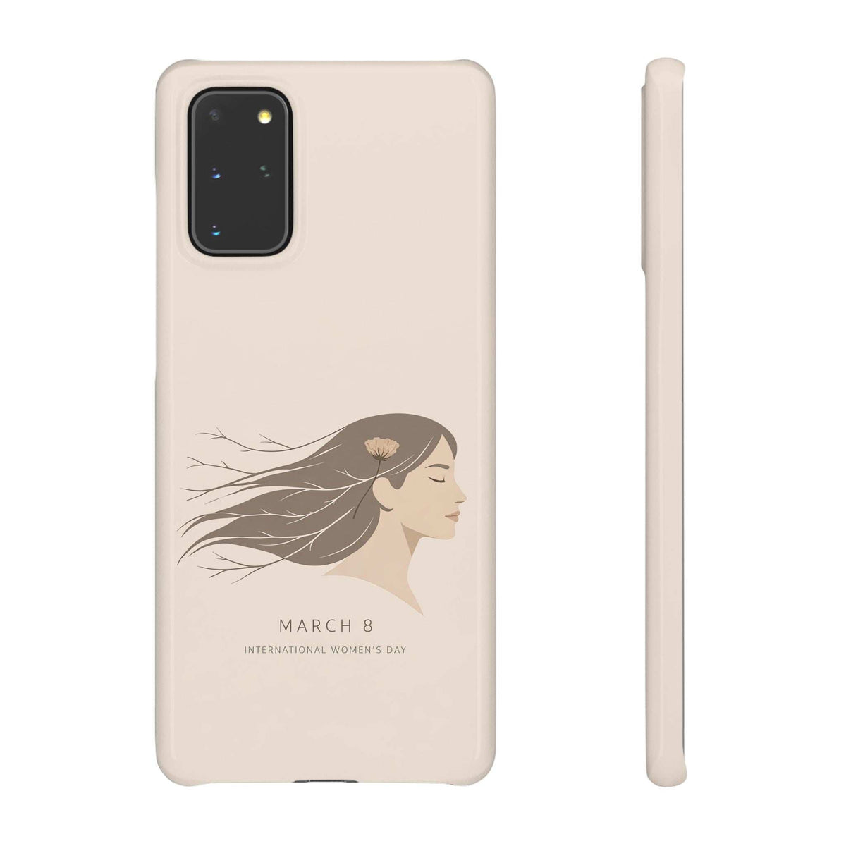 Beige phone case with floral woman “March 8” graphic; camera opening at top left.