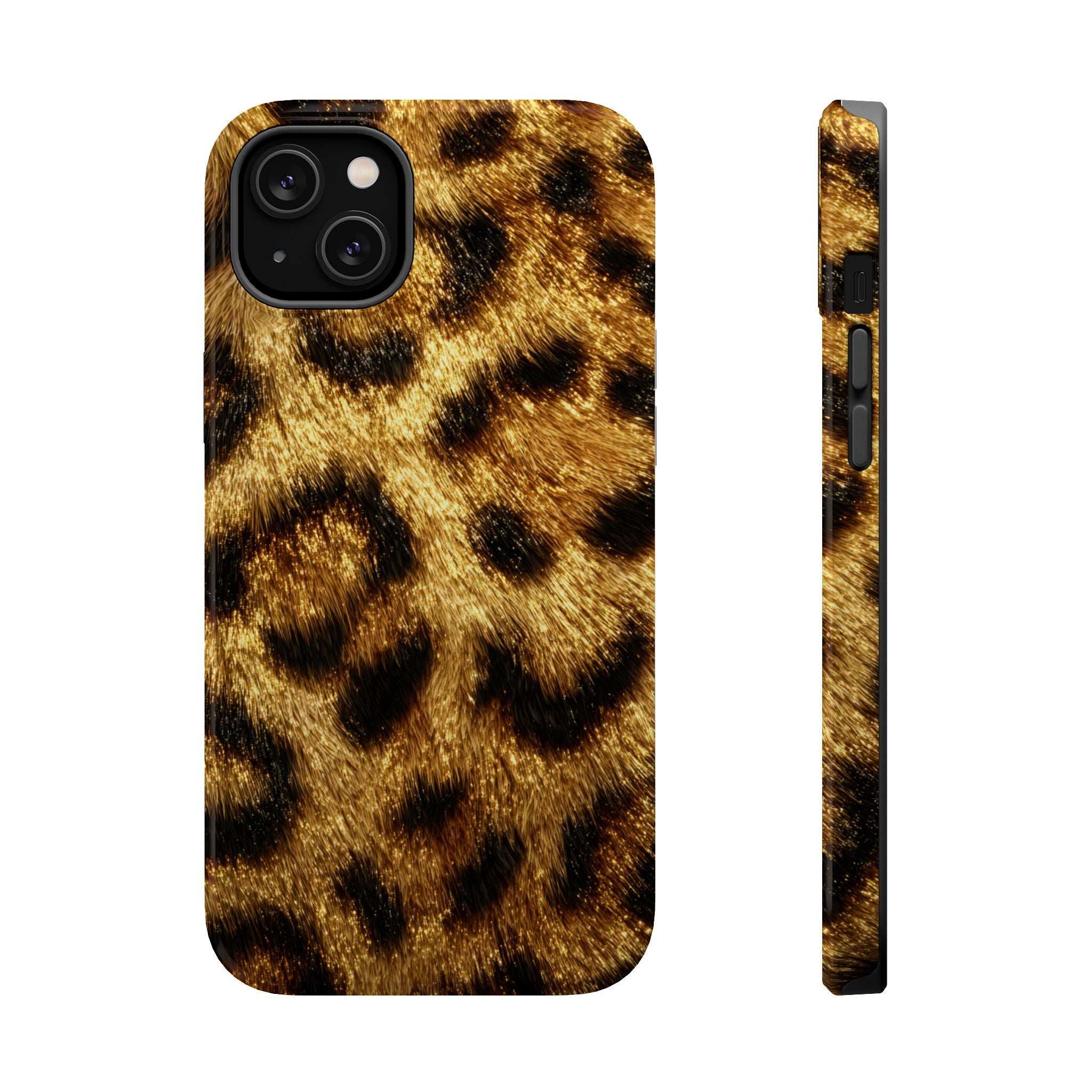 Leopard print phone case with glossy yellow and black pattern; side edge with openings