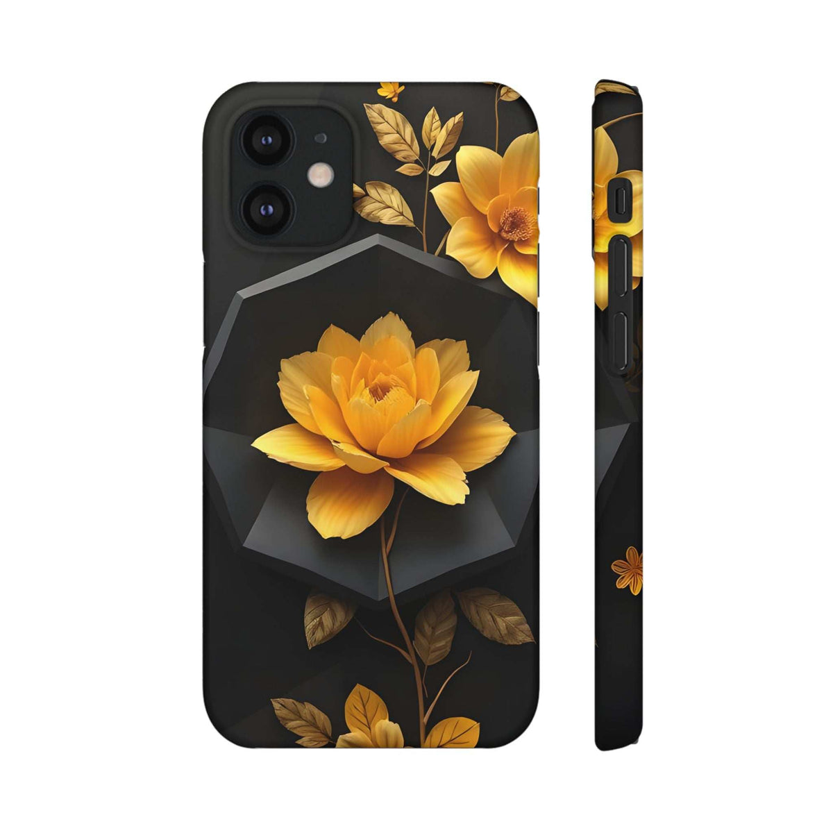 Black phone case featuring a yellow rose spray with botanical leaf details