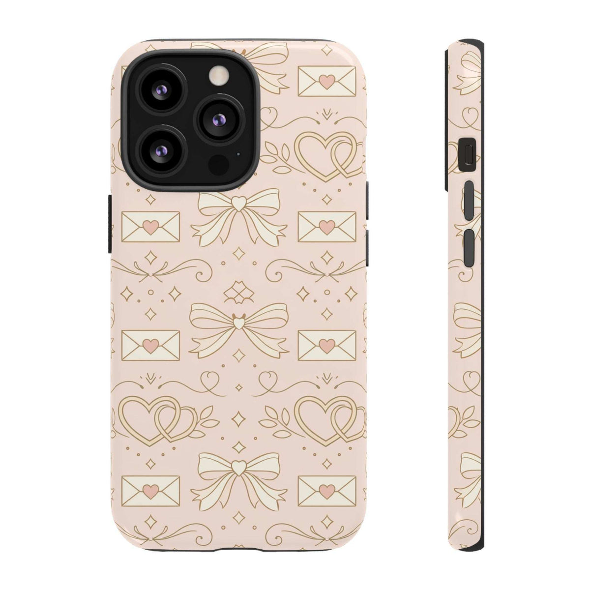 Peach phone case with gold heart and bow line art; side strip and camera openings