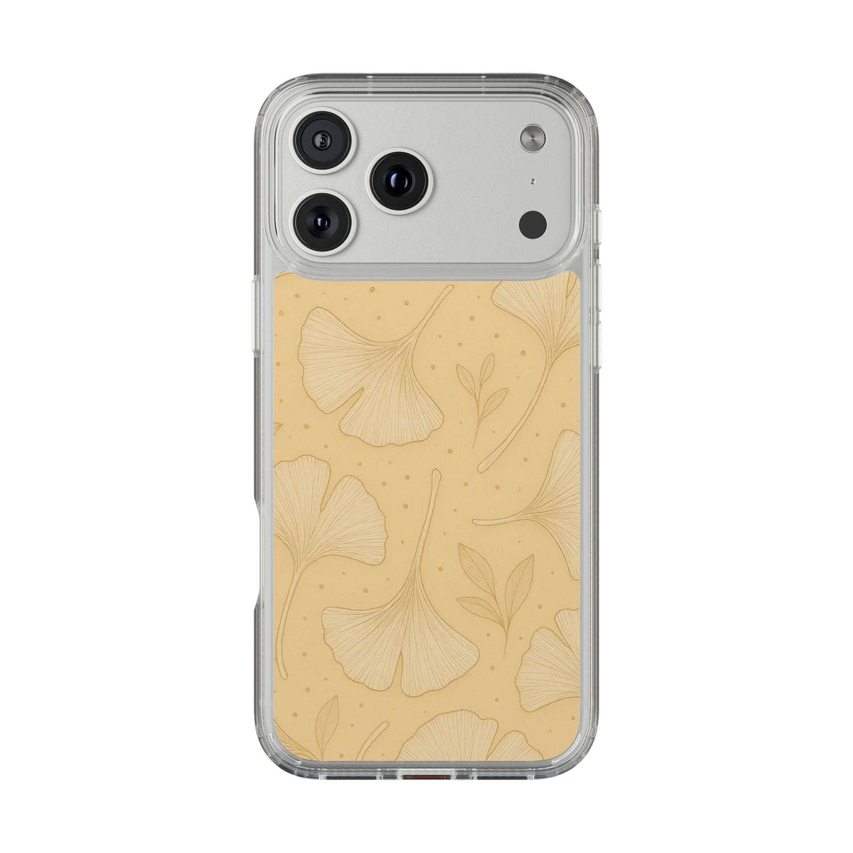 Beige ginkgo floral phone case with clear bumper edges and camera openings