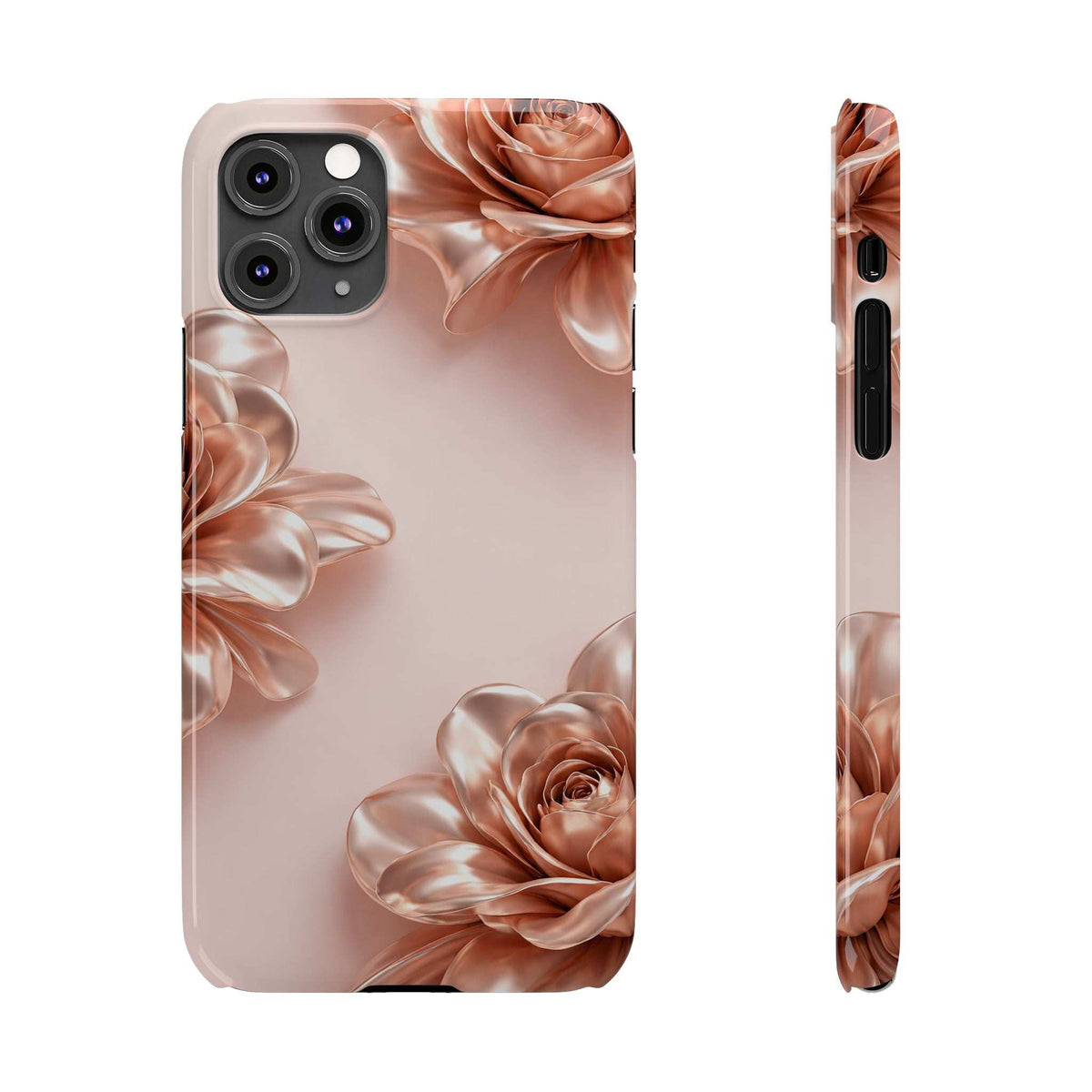 Blush phone case with metallic rose design, side view with camera and speaker cutouts