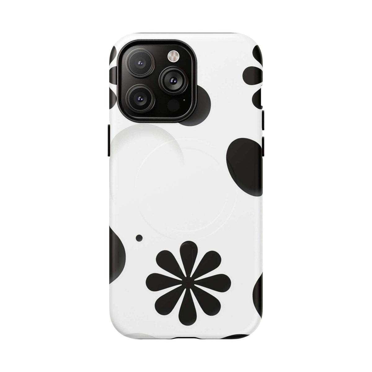 Phone case with black daisy flower design on white and rounded magnetic side details