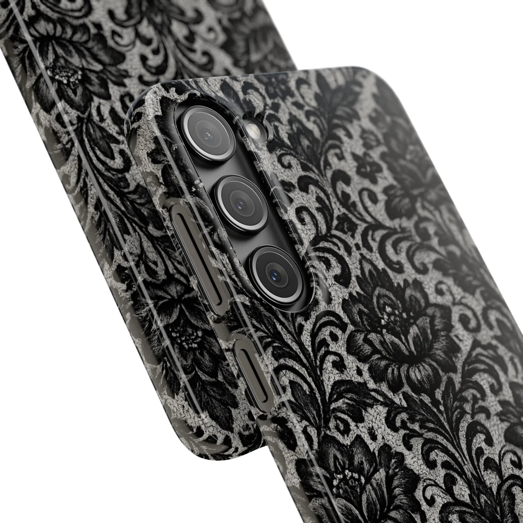 Black Damask Floral Phone Case for iPhone 11-17 and Galaxy S20-S25 - KARARMDESIGN