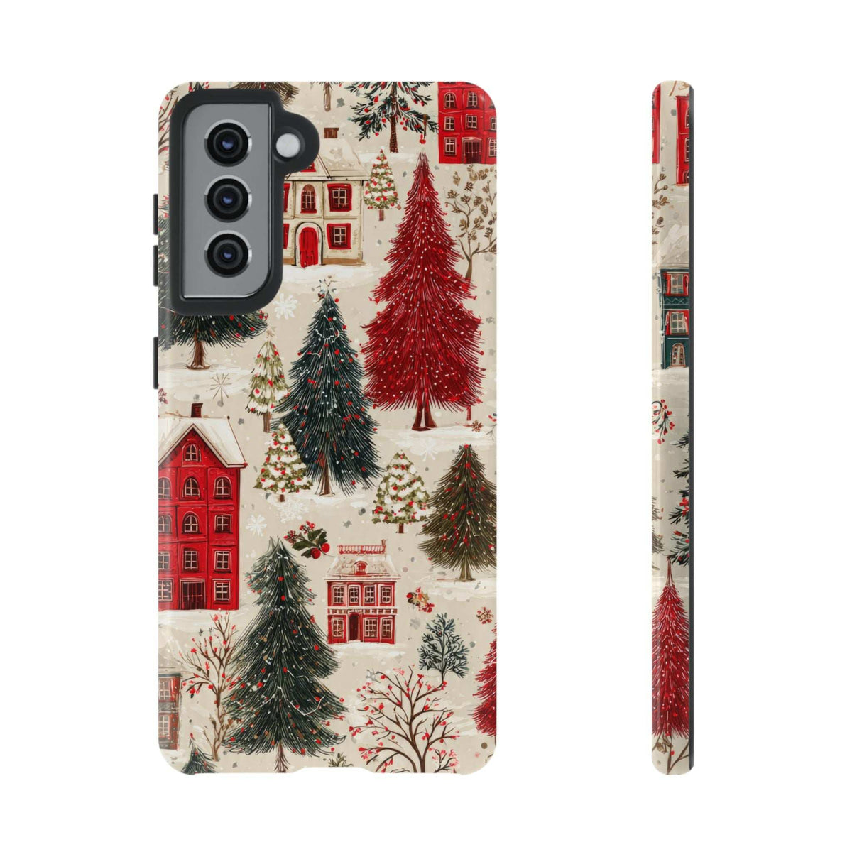 Winter village phone case with red houses and snowy conifer trees, camera cutout, slim side