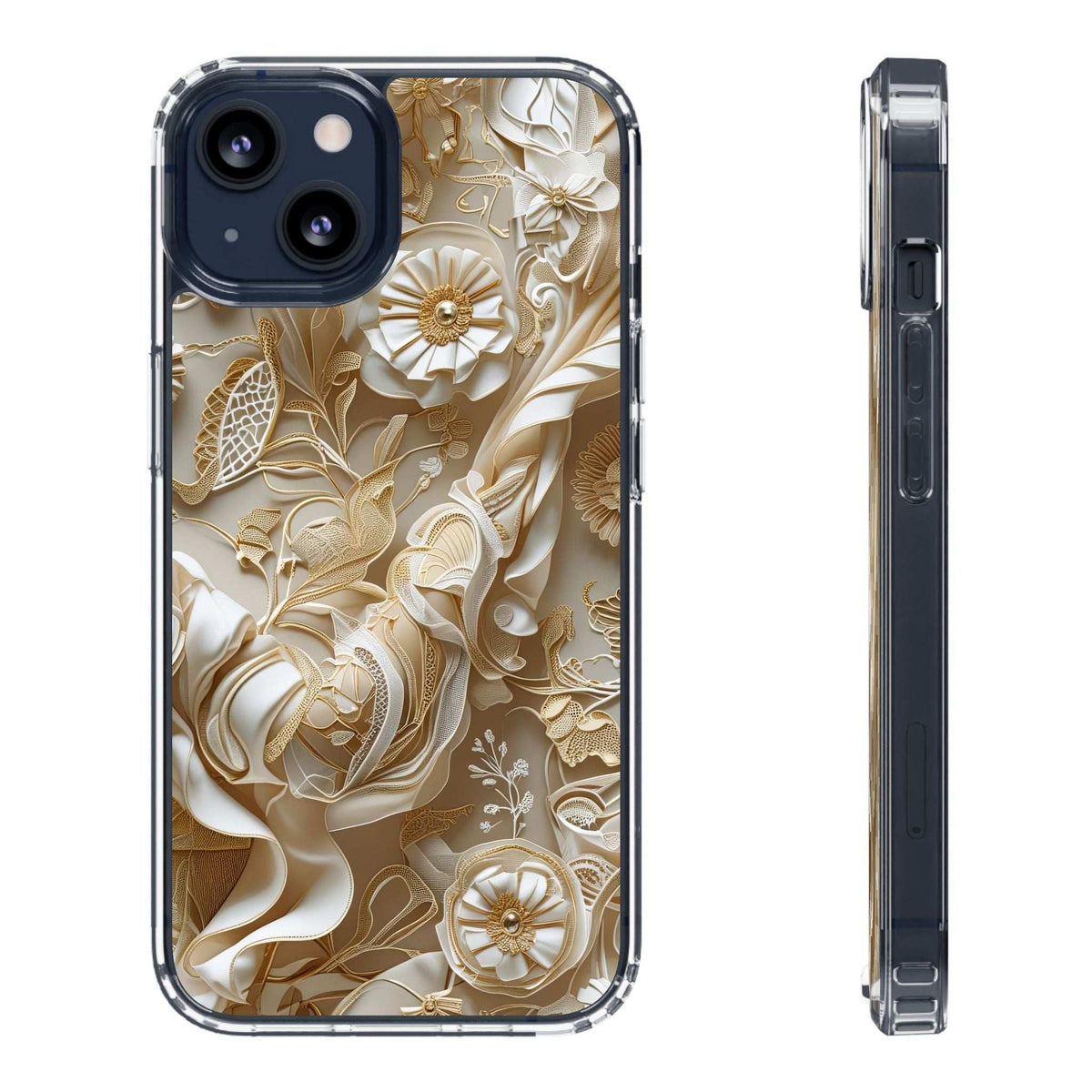 Clear phone case, side profile and back view with gold floral pattern and camera openings