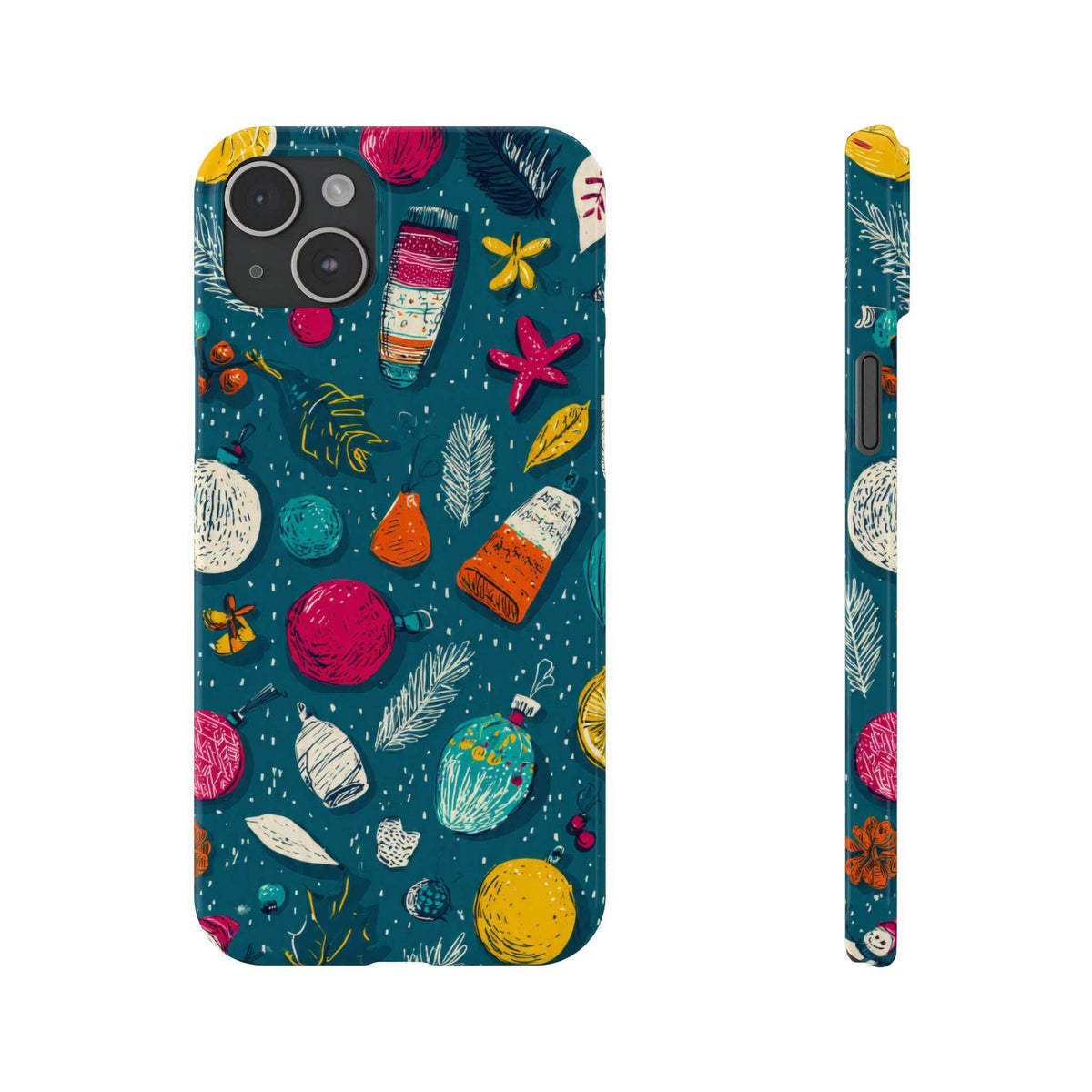 Winter Joy phone case for iPhone, teal winter scene pattern; rear camera holes