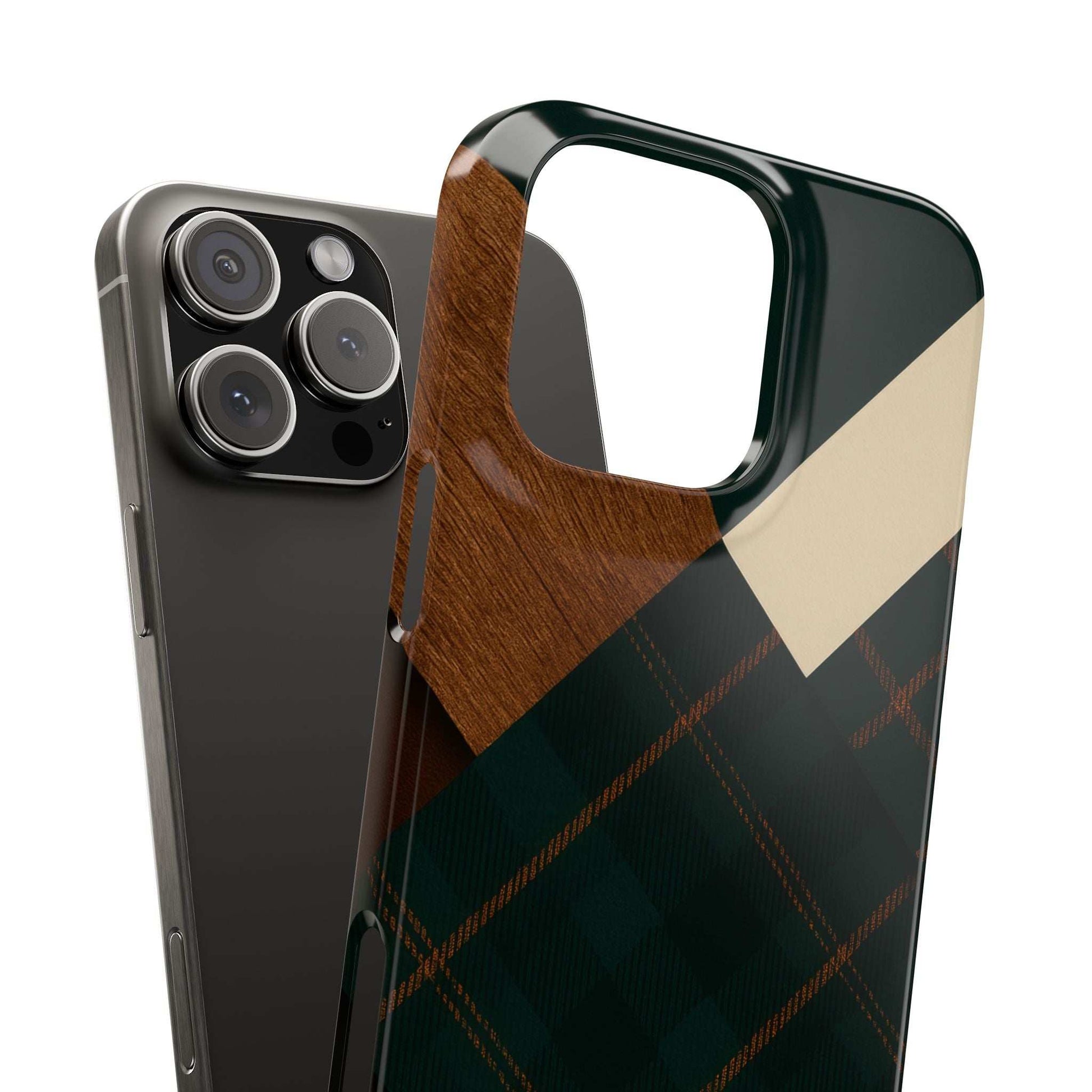 Phone case with rustic wood-look grip, dark green plaid and beige geometric pattern