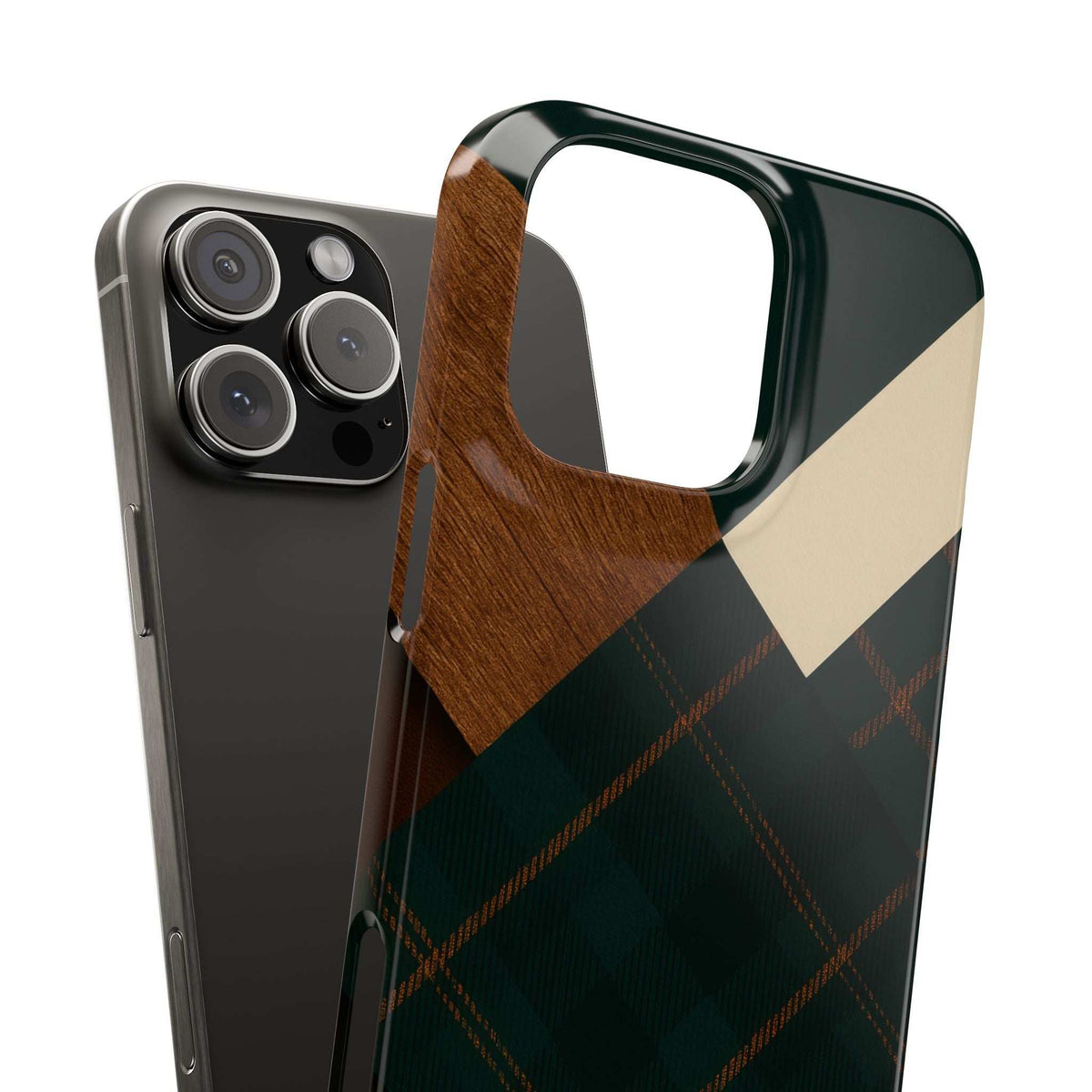 Phone case with rustic wood-look grip, dark green plaid and beige geometric pattern