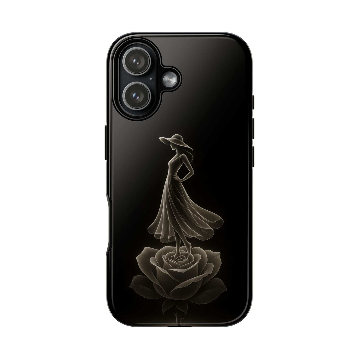 Glossy black phone case with ballet dancer silhouette and rose graphic, camera area.