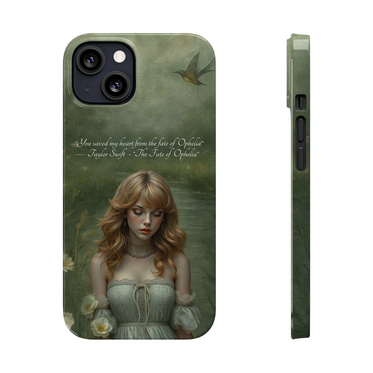 Green phone case side view with artwork; button and port cutouts along edge