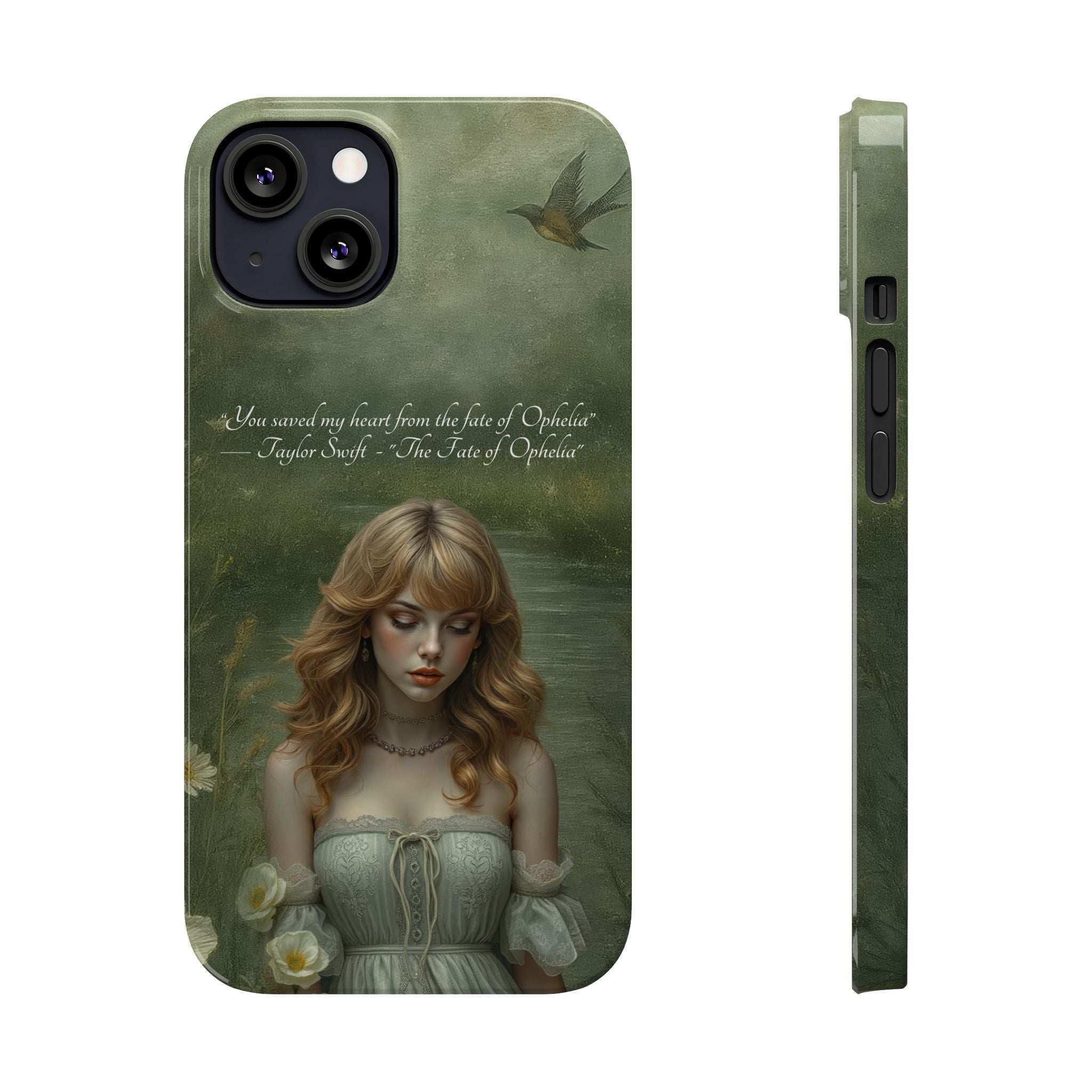 Green phone case side view with artwork; button and port cutouts along edge