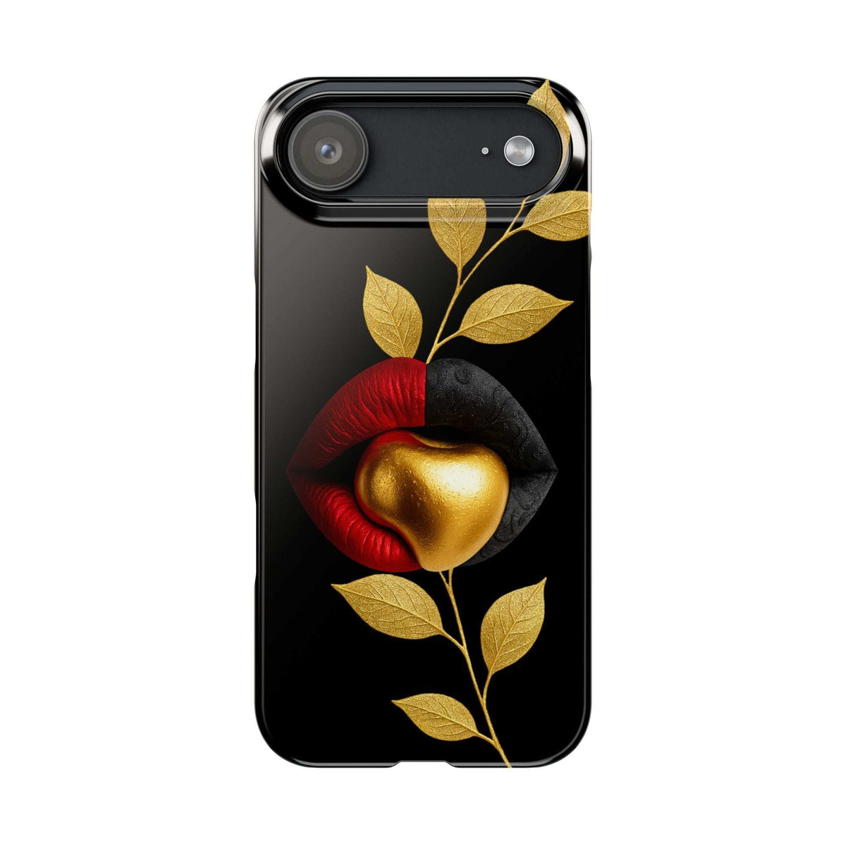 Black phone case with gold leaf design and red lips for iPhone 11–17