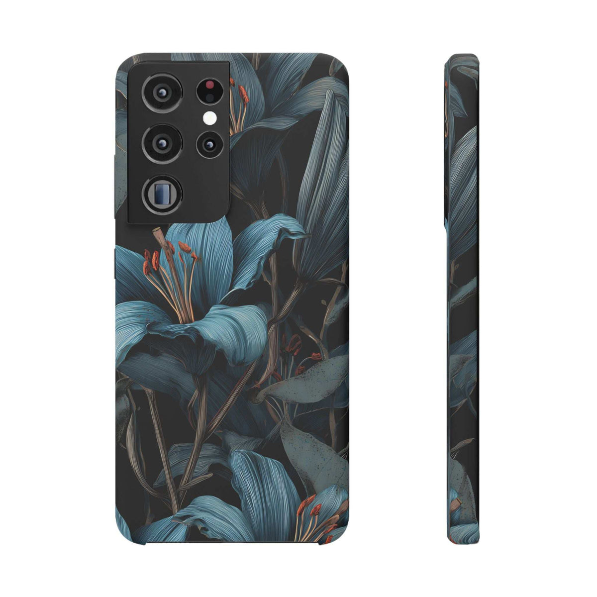 Floral phone case with teal botanical pattern and dual-camera and fingerprint cutouts